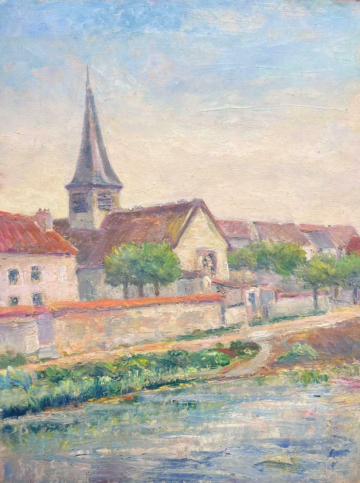 Regine Davidcharming Village By The River Bank Scene Oil Painting1950's photo vinterior