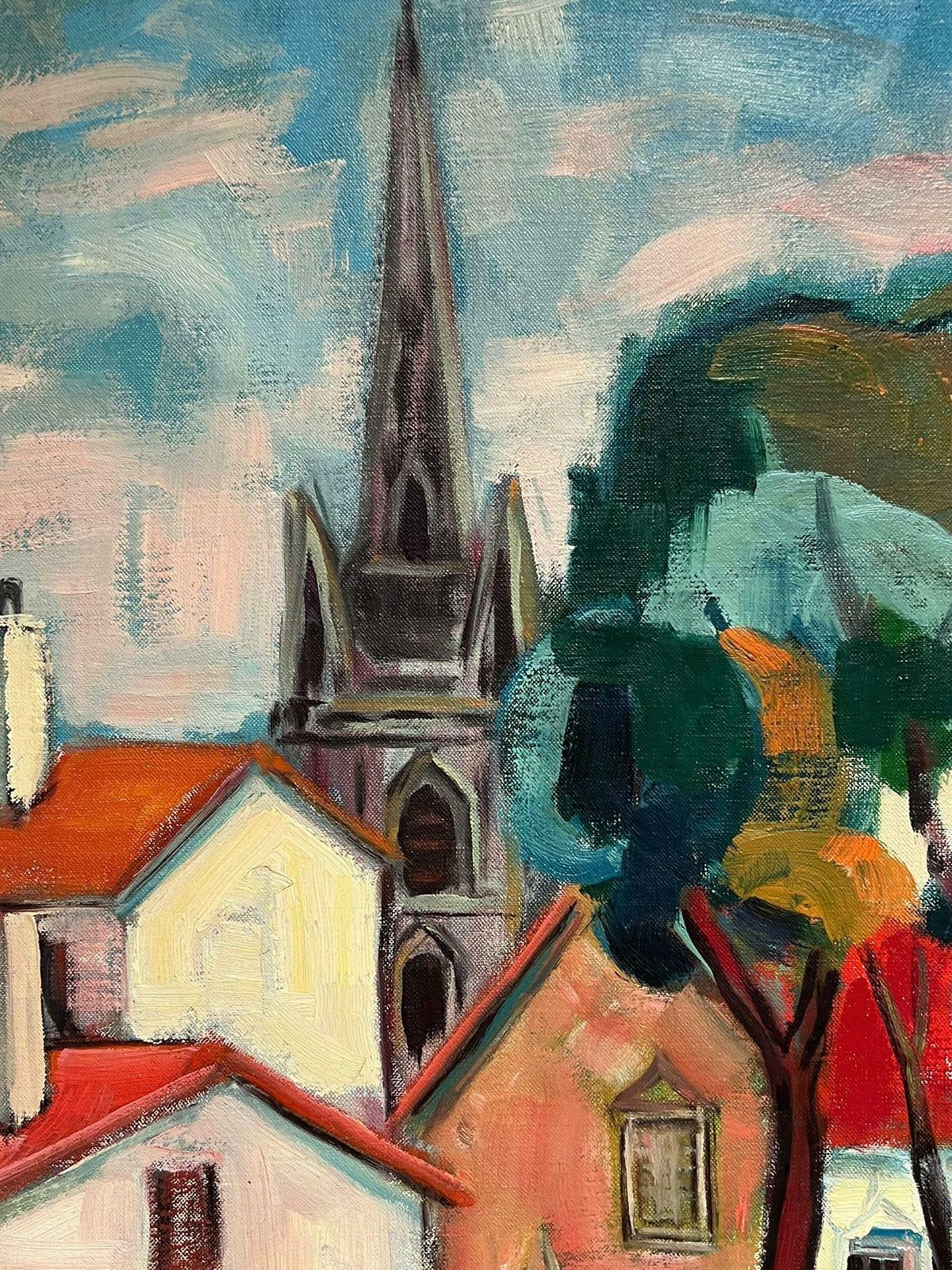 Michel Kritz 1960's French Modernist Cubist Oil Painting View Of An Old French Town photo vinterior