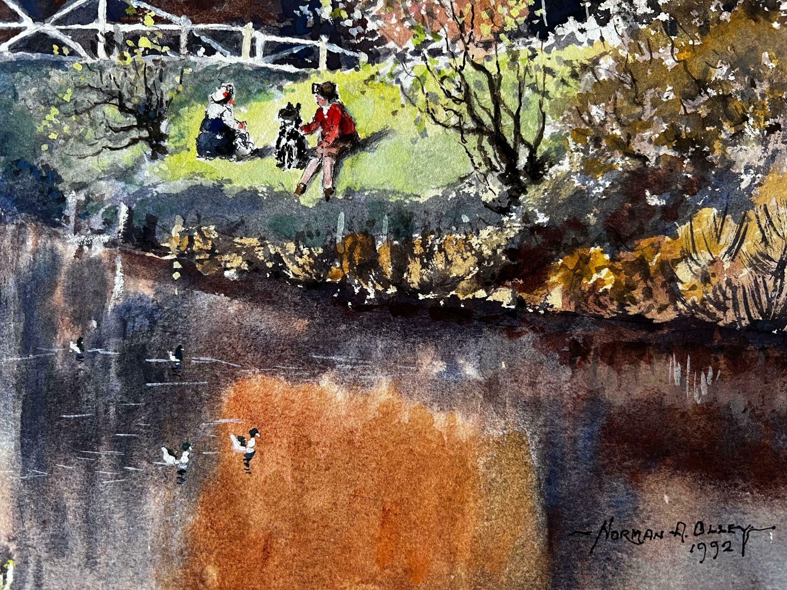Norman A Olleyautumnal River Bridge Landscape Refelection By The Mill Pond photo vintage
