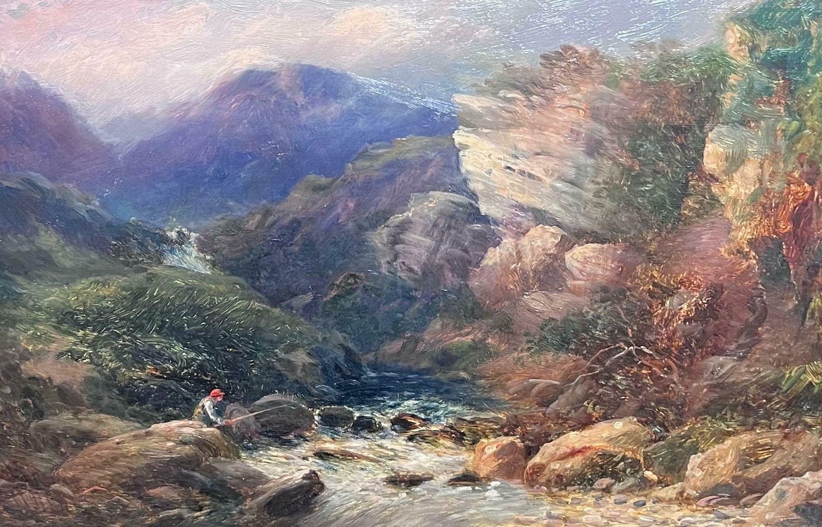 Thomas Morris Ashvictorian Oil Painting Welsh Mountain Landscape With Stream & Figure Fishing photo furniture