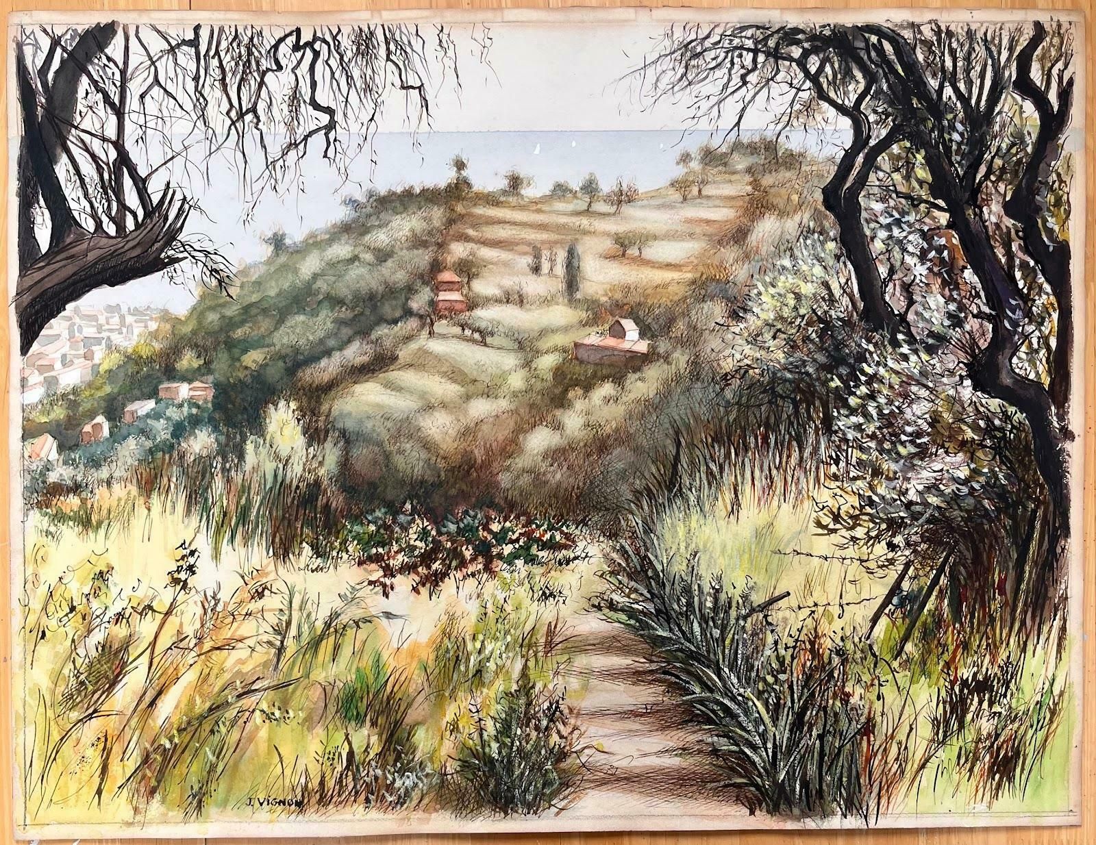 Josine Vignonmid Century French Original Pastel Painting Of A Coastal Hillside1950's