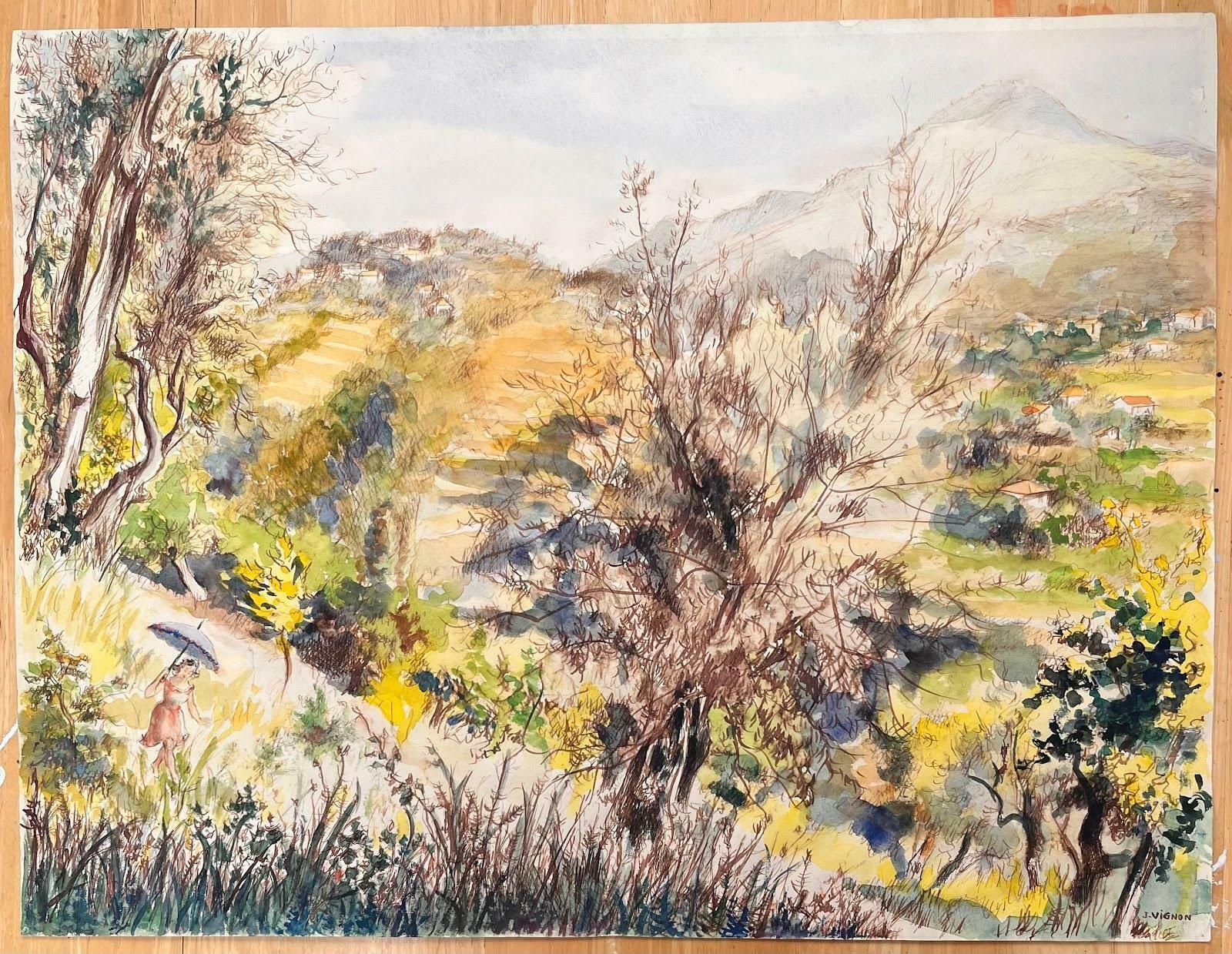 Josine Vignoncountryside Of Nice (Le Mont Chauve)   Serene Watercolor Landscape1950's