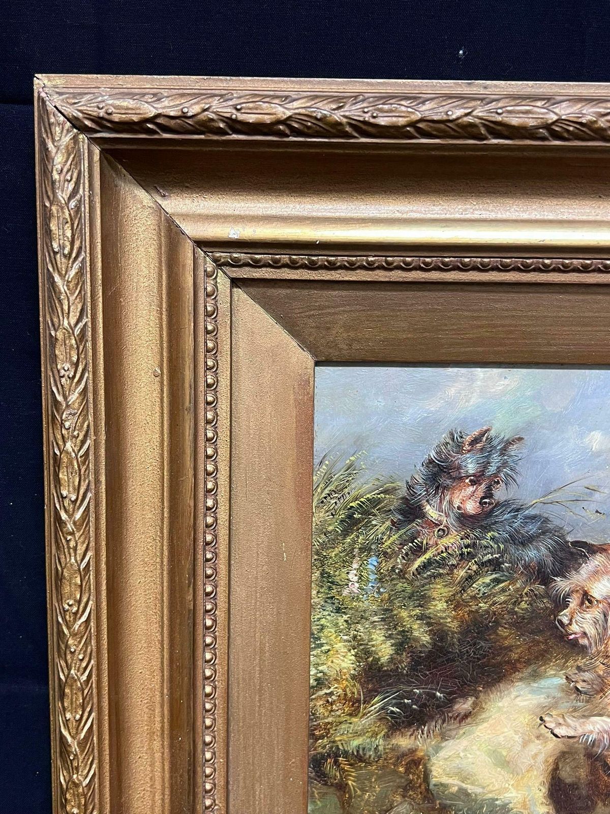 English Dog Paintingfamily Of Three Playful Terrier Dogs In Meadow Vintage English Art Oil Painting photo for sale