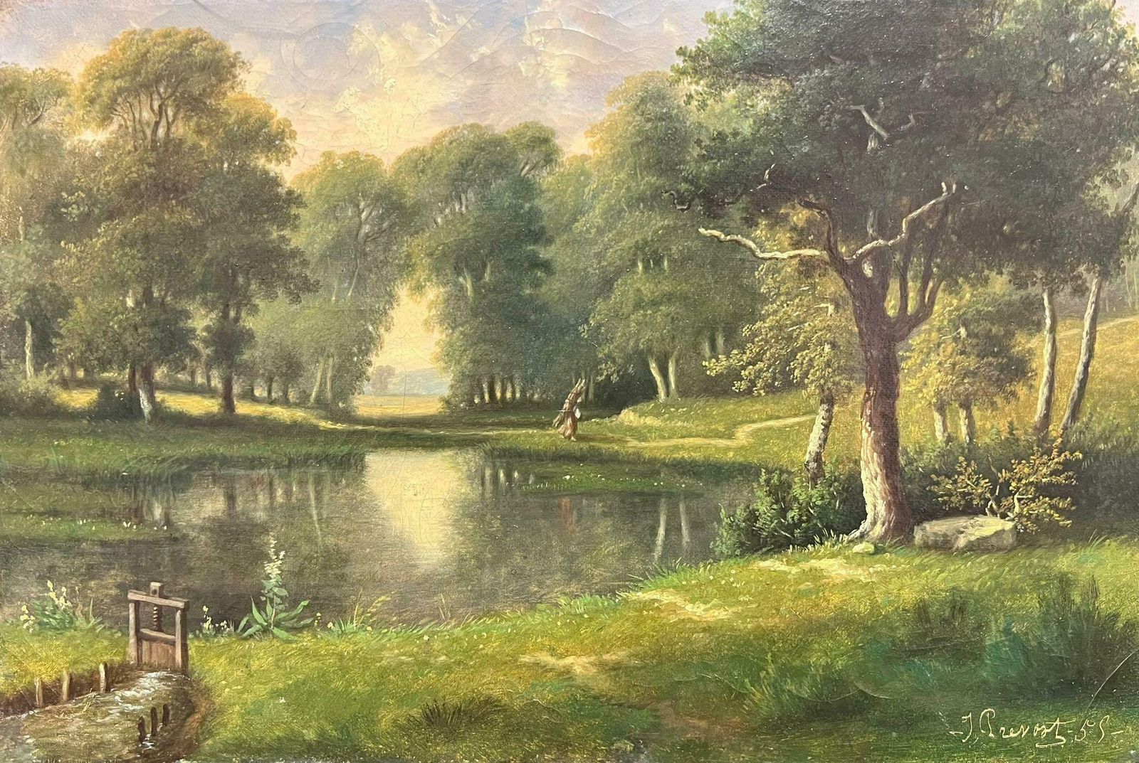 French School19th Century French Romantic Serene Woodland By The River Signed Oil Painting1855
