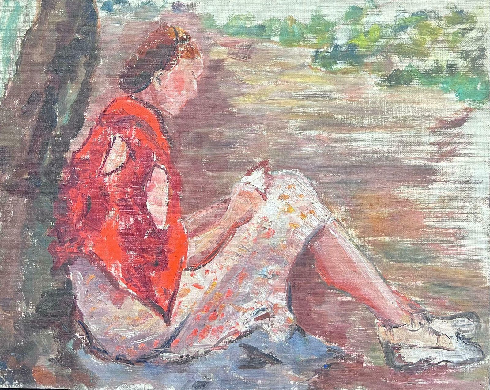Regine Davidmid 20th Century 1950's French Post Impressionist Oil Lady Reading Under Tree1950's