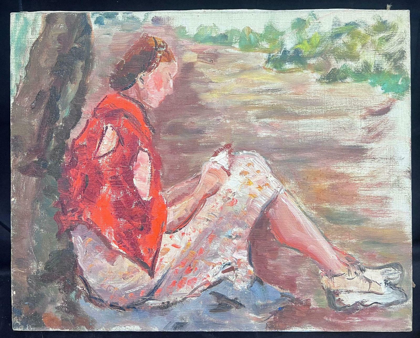 Regine Davidmid 20th Century 1950's French Post Impressionist Oil Lady Reading Under Tree1950's photo furniture