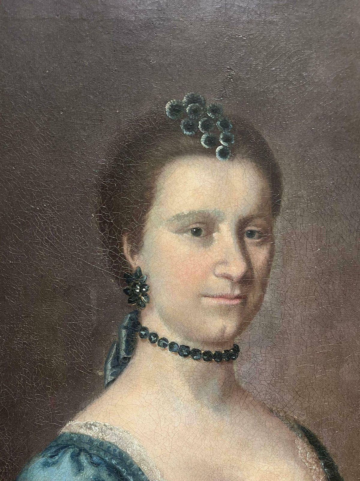 Large 18th Century English Oil Painting Portrait Of Aristocratic Lady In Blue photo vintage