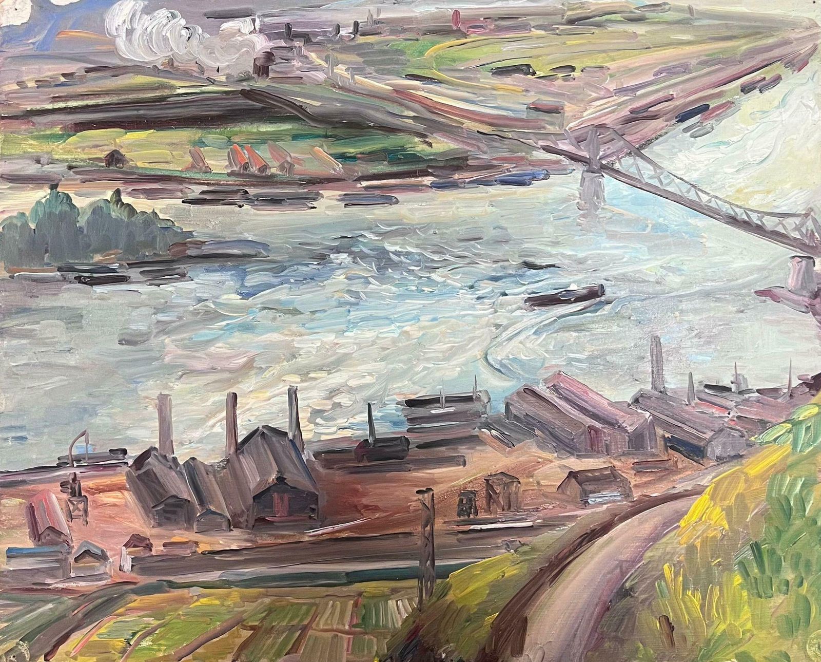 Regine Davidmid 20th Century 1950's French Post Impressionist Oil Large River & City1950's