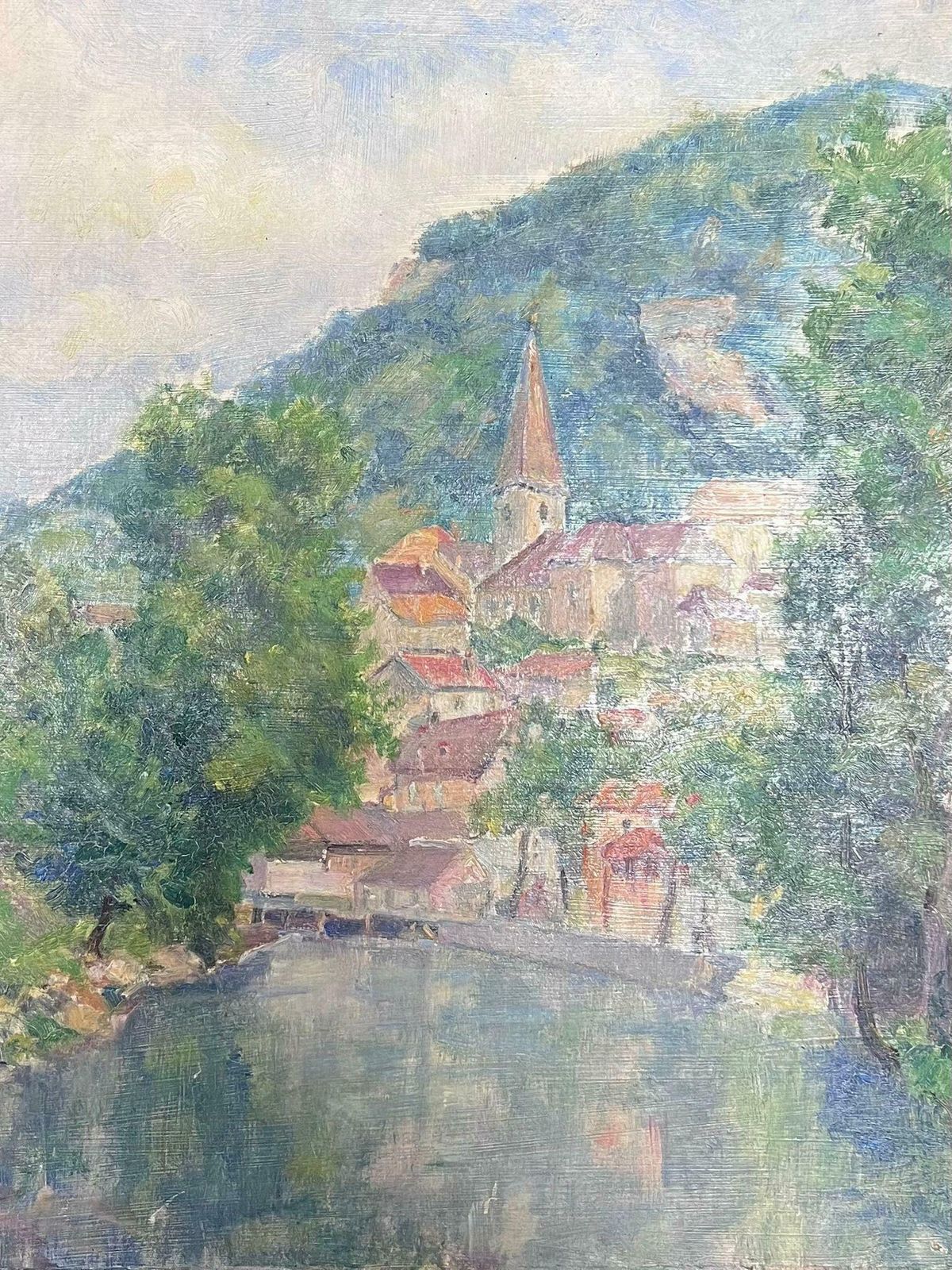 Regine Davidmid 20th Century 1950's French Post Impressionist Oil River Landscape Old Town1950's