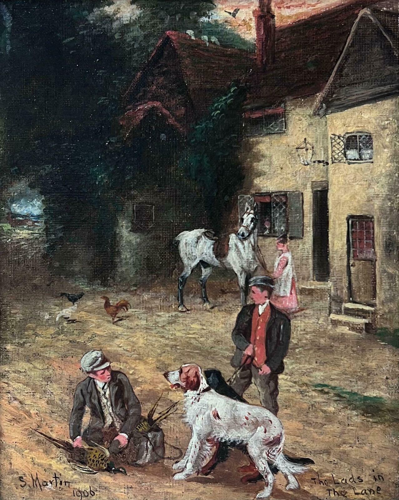 Sylvester Martinfine Antique English Oil Painting Village Lane With Tavern Dogs & Young Lads1906