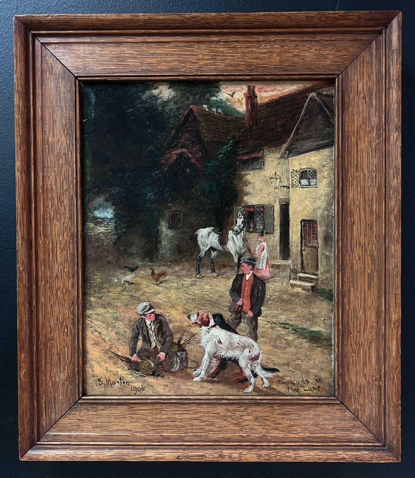 Sylvester Martinfine Antique English Oil Painting Village Lane With Tavern Dogs & Young Lads1906 photo furniture
