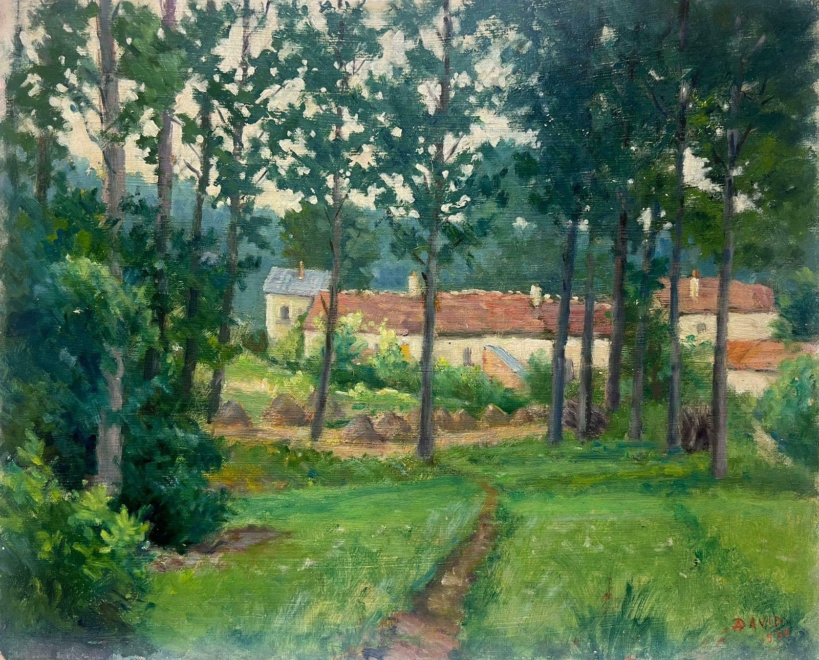Regine Davidmid 20th Century French Impressionist Oil Farm Buildings In Sunny Green Fields1950's