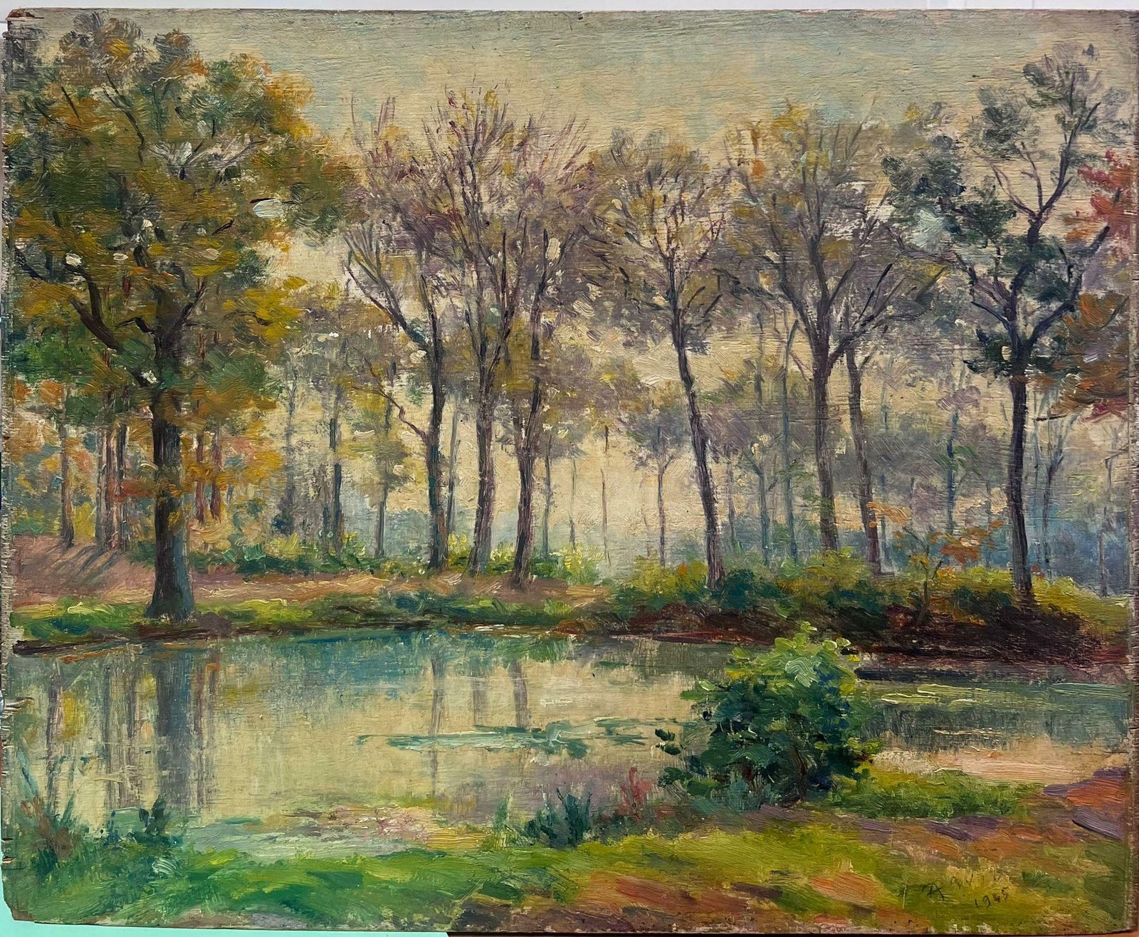 Regine Davidmid 20th Century French Impressionist Oil Dappled Light Golden River Landscape1950's photo furniture