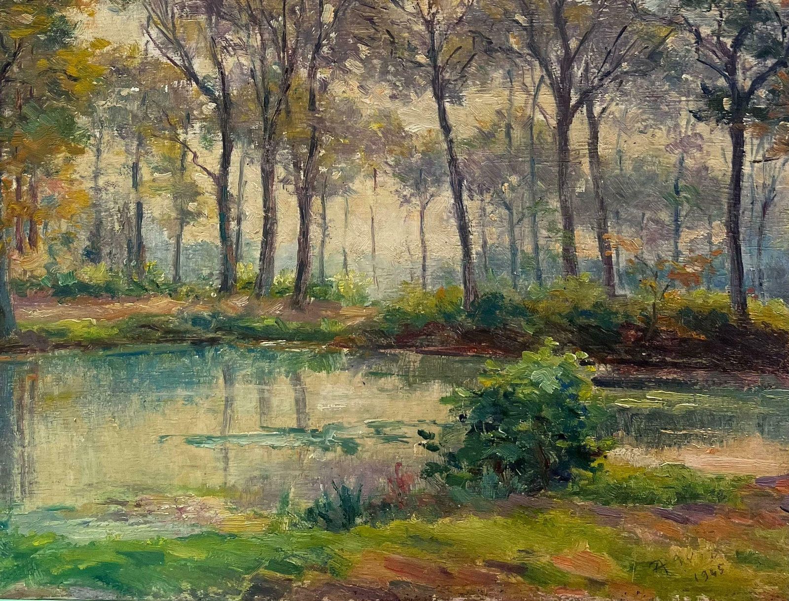 Regine Davidmid 20th Century French Impressionist Oil Dappled Light Golden River Landscape1950's photo vintage