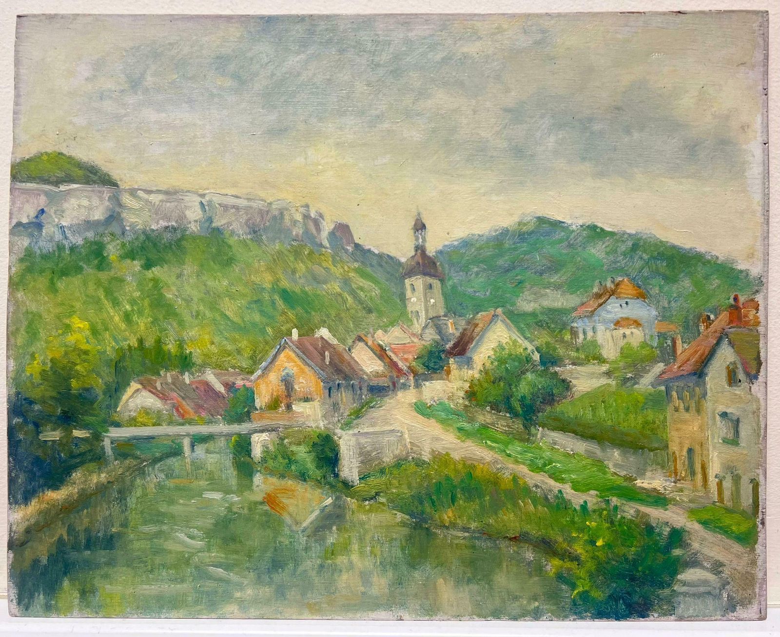 Regine Davidmid 20th Century 1950's French Post Impressionist Oil Old French Town & River1950's photo furniture