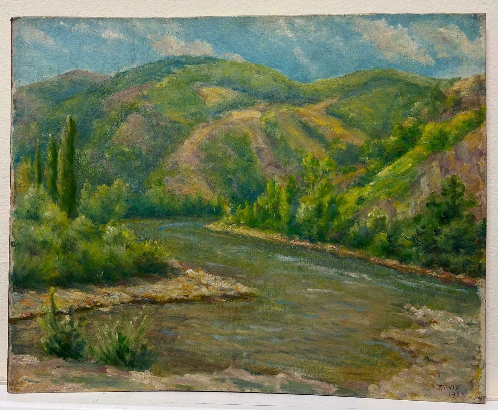 Regine Davidmid 20th Century 1950s French Post Impressionist Oil Green River Gorge Landscape1950's photo furniture