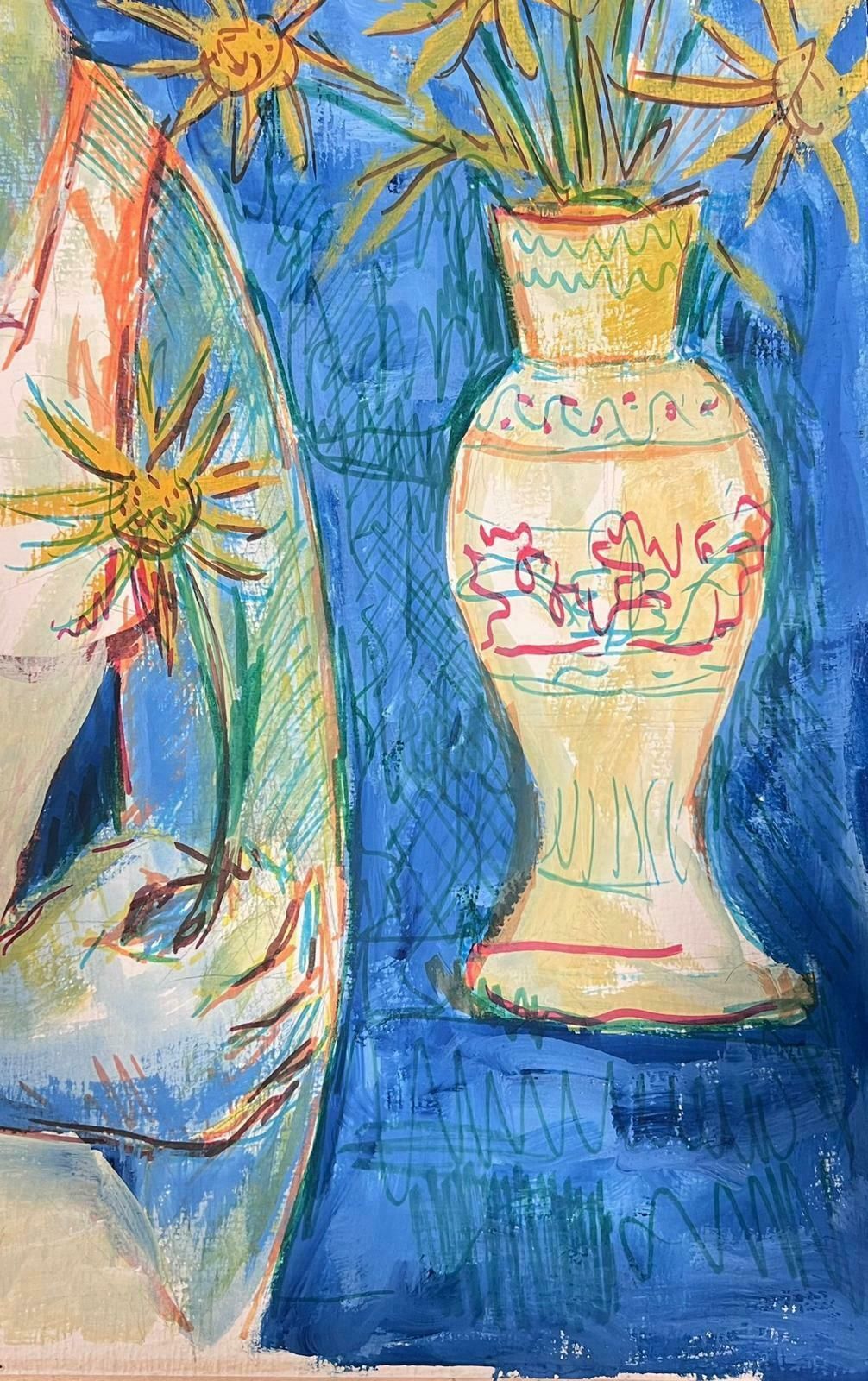 Bernard Labbe1950's Modernist Painting Blonde Lady Holding Sun Flowers In Blue Scenery1950's photo furniture