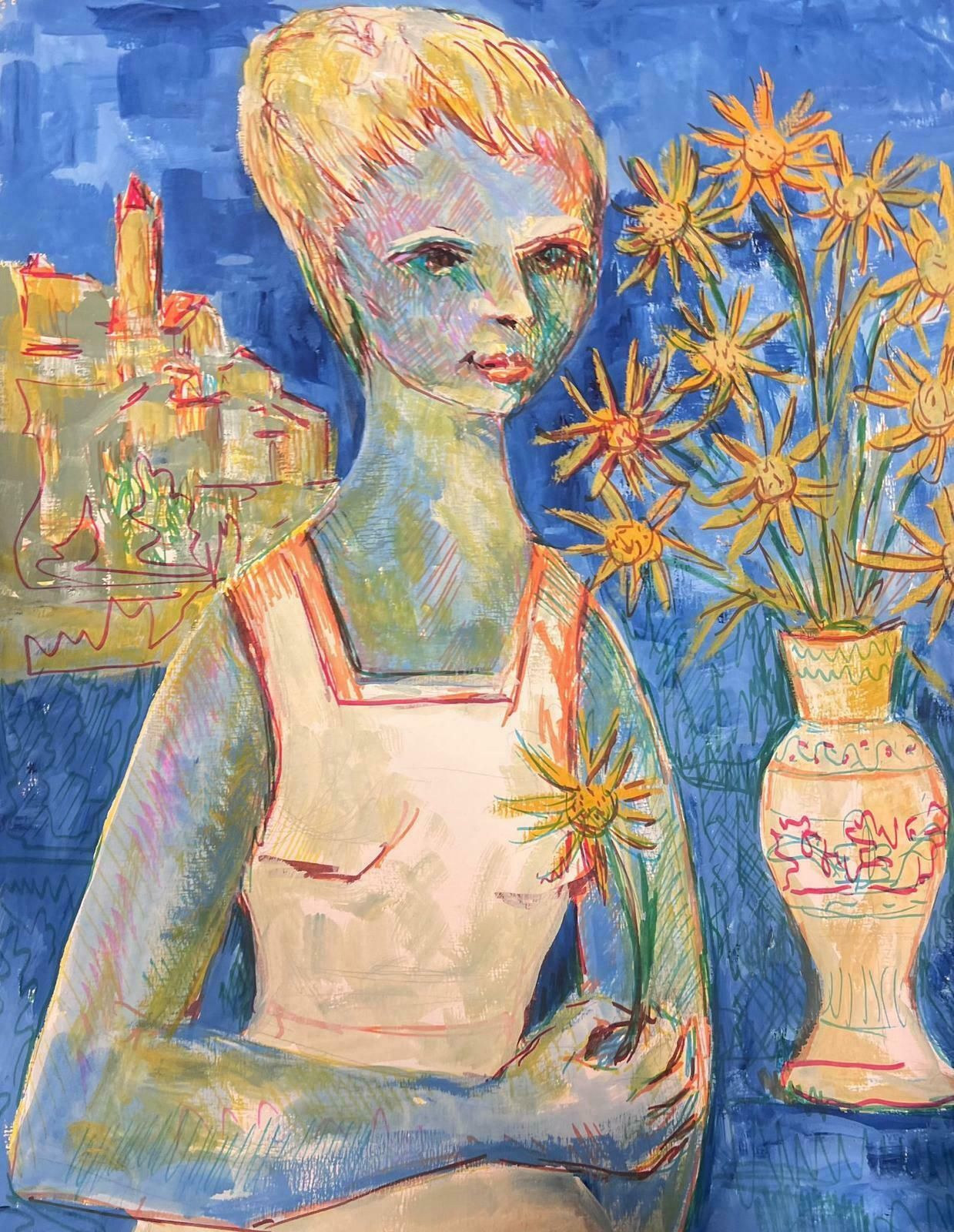 Bernard Labbe1950's Modernist Painting Blonde Lady Holding Sun Flowers In Blue Scenery1950's photo 700.0