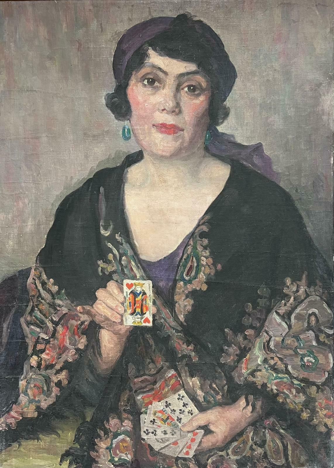 Louise Alix1930's French Oil Painting Portrait Of Lady With Playing Cards Beautiful Work1930's