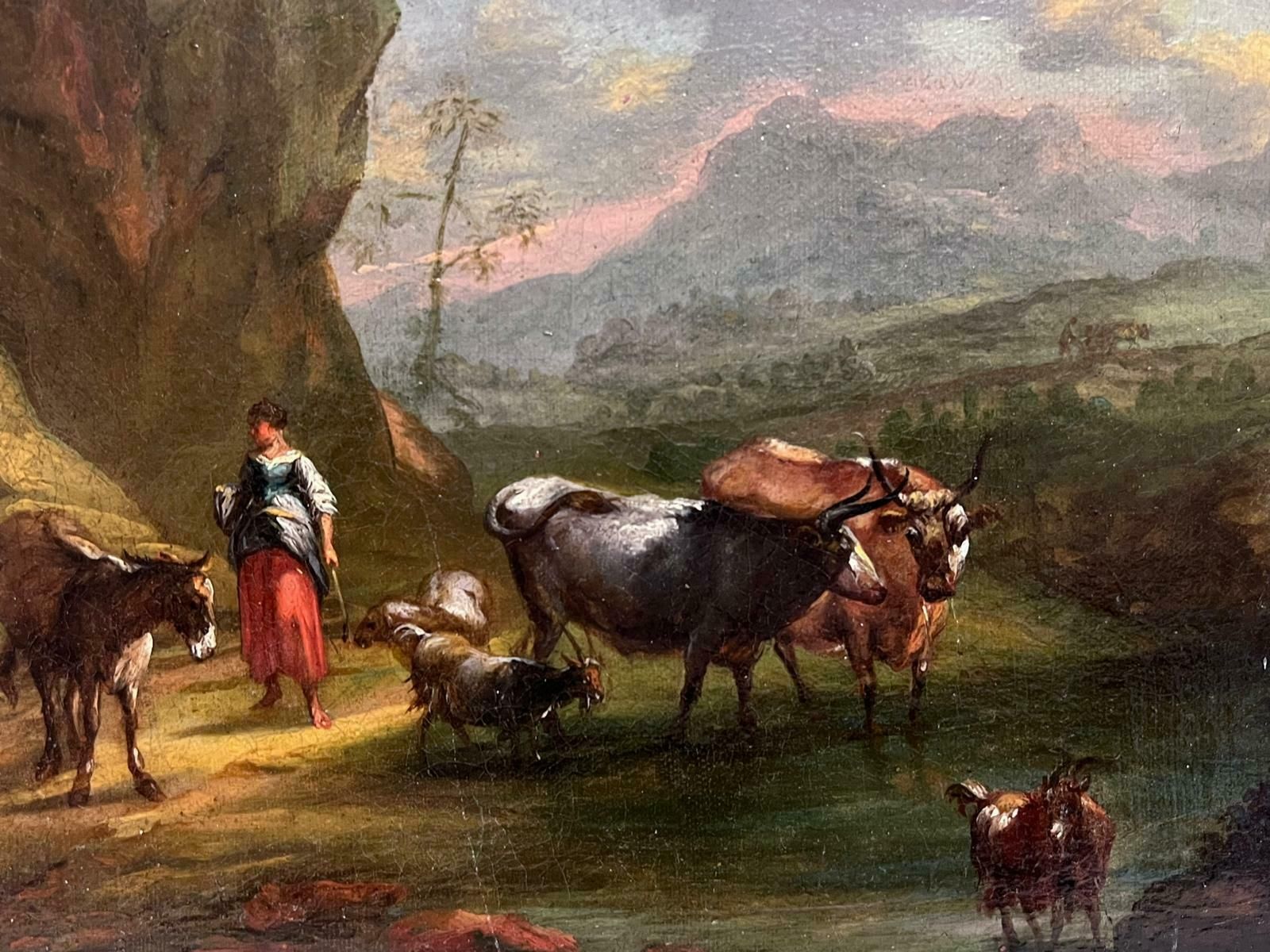 Italian 18th Centuryfine 18th Century Italian Old Master Oil Painting Berghers With Animals Sunset photo for sale