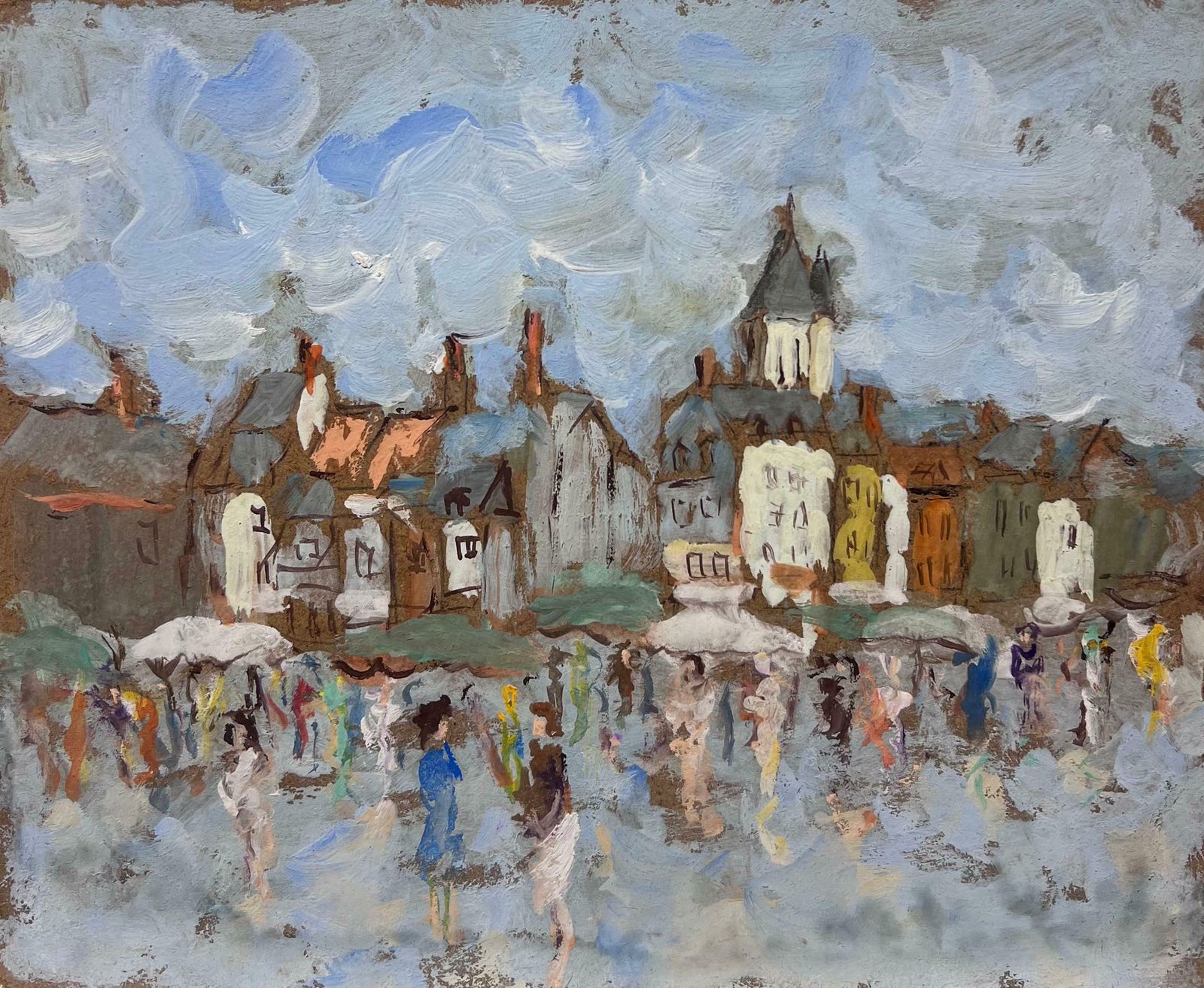 Fanch Lelfigures In The Rain In Charming Village Original French Painting 20th Century photo for sale