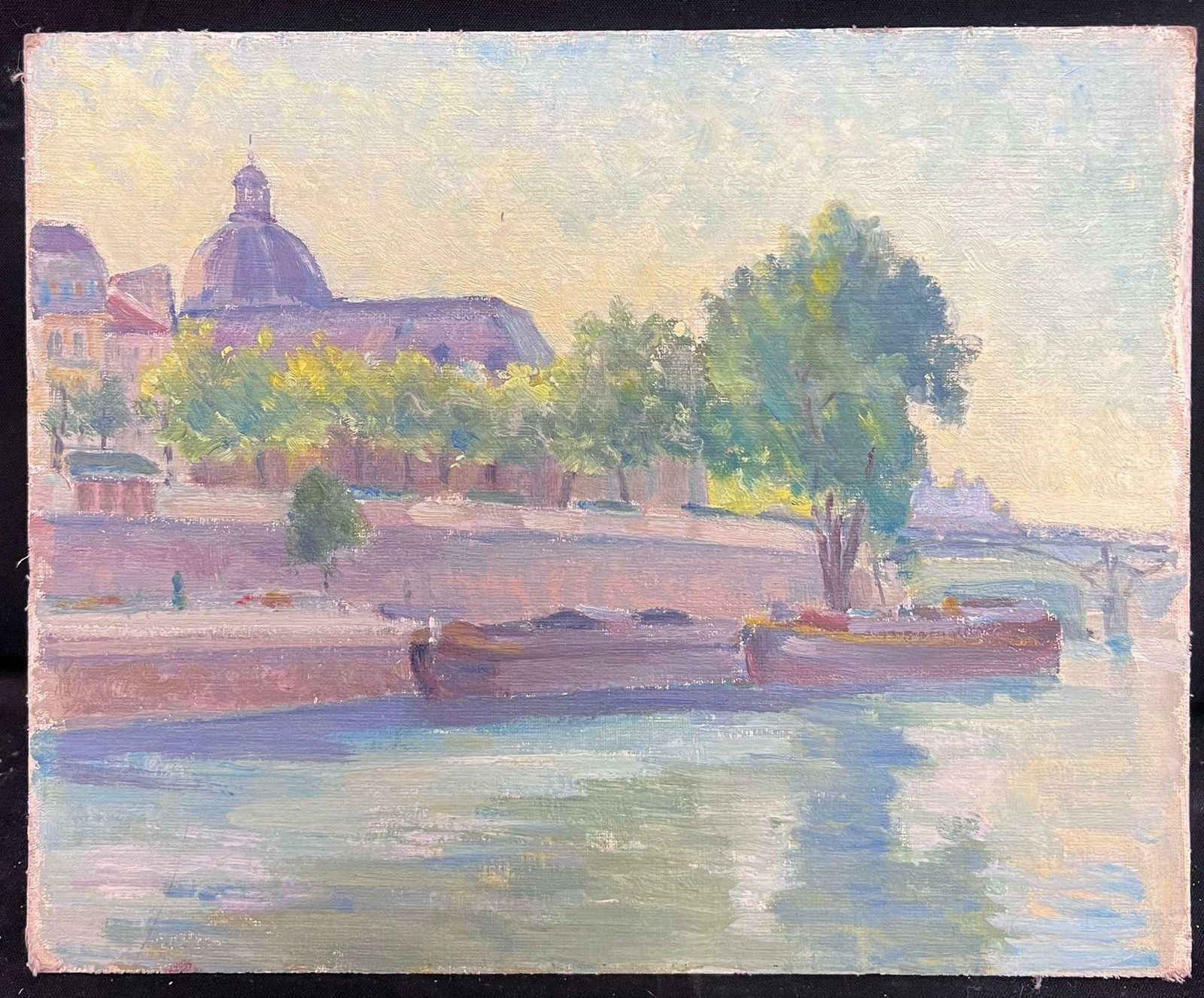 Regine Davidmid 20th Century 1950's French Post Impressionist Oil Riverside Town Buildings1950's photo furniture
