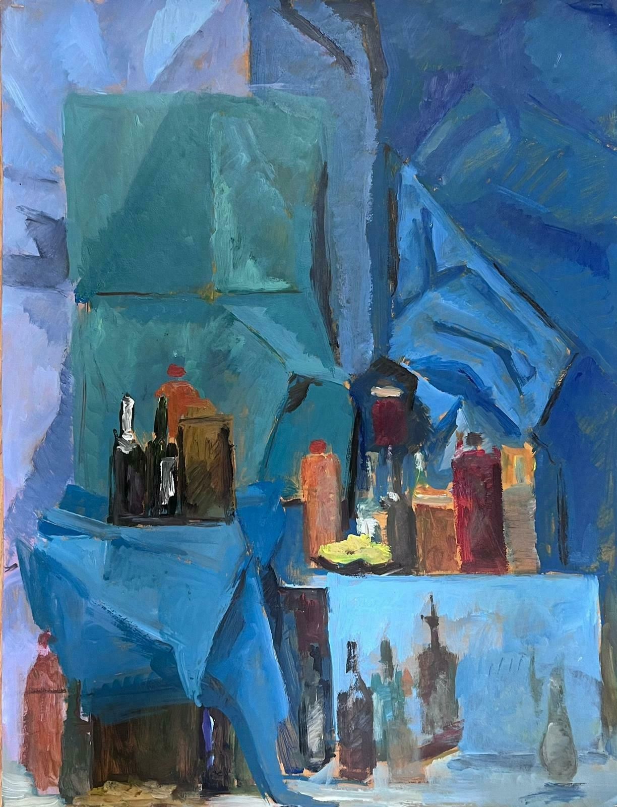 Guy Nicod French 20th Century Modernist Wine Bottles In Blue Interior Painting
