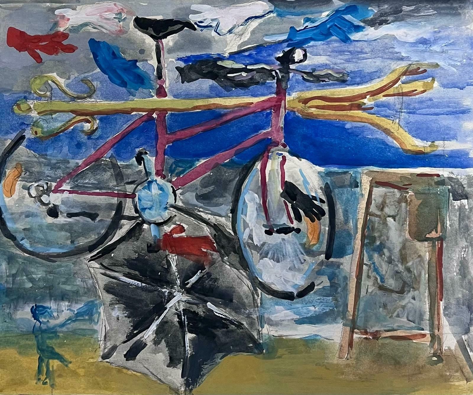 Guy Nicod French 20th Century Surrealist Modernist Painting Bicycle & Umbrella