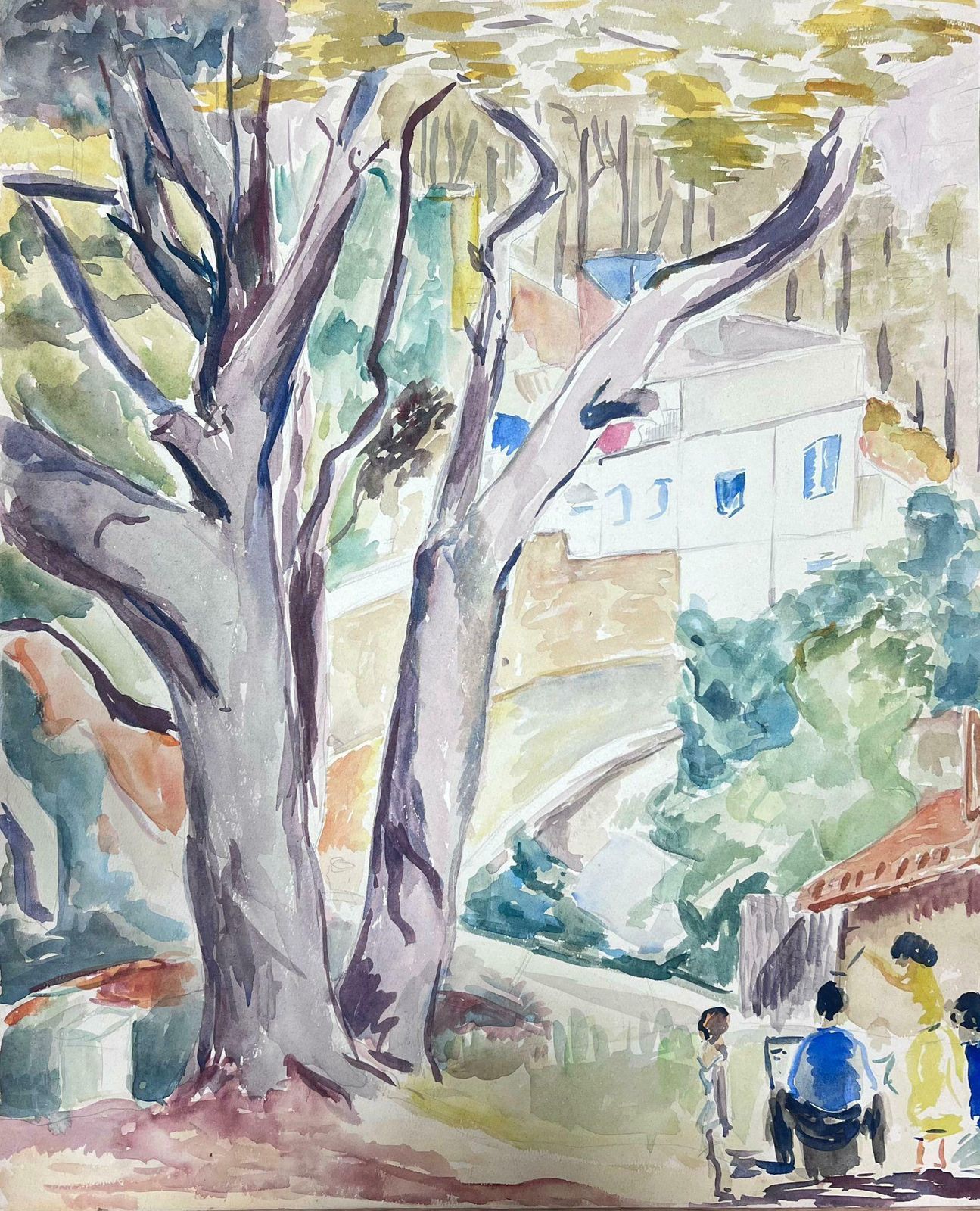 Guy Nicod Mid 20th Century French Post Impressionist Watercolor Provencal Village Figures