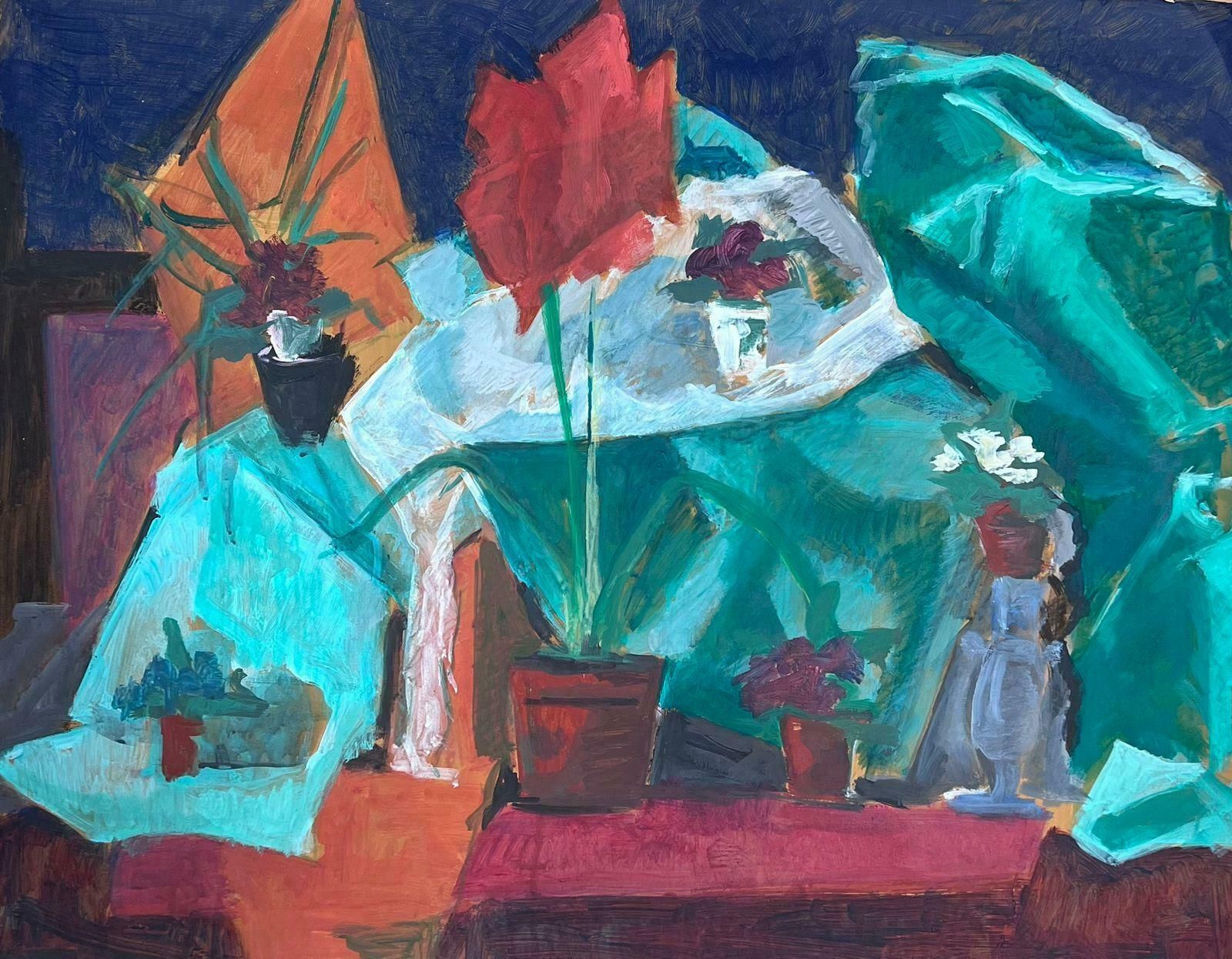 Guy Nicodfrench 20th Century Modernist Painting Tall Red Plant In Vase Still Life photo 620.0