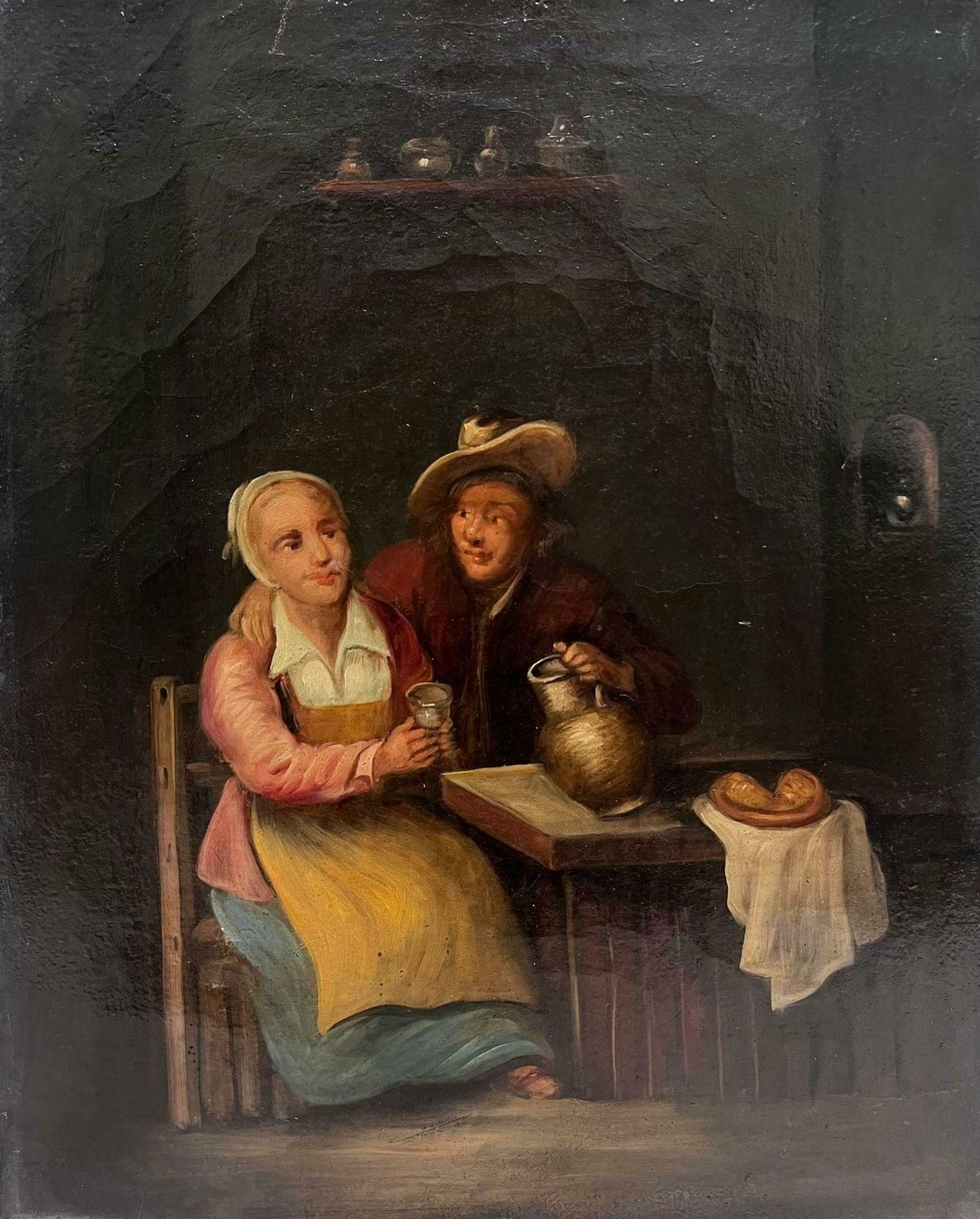 Dutch 19th Centuryantique 19th Century Dutch Interior Scene With Couple Seated Oil On Canvas