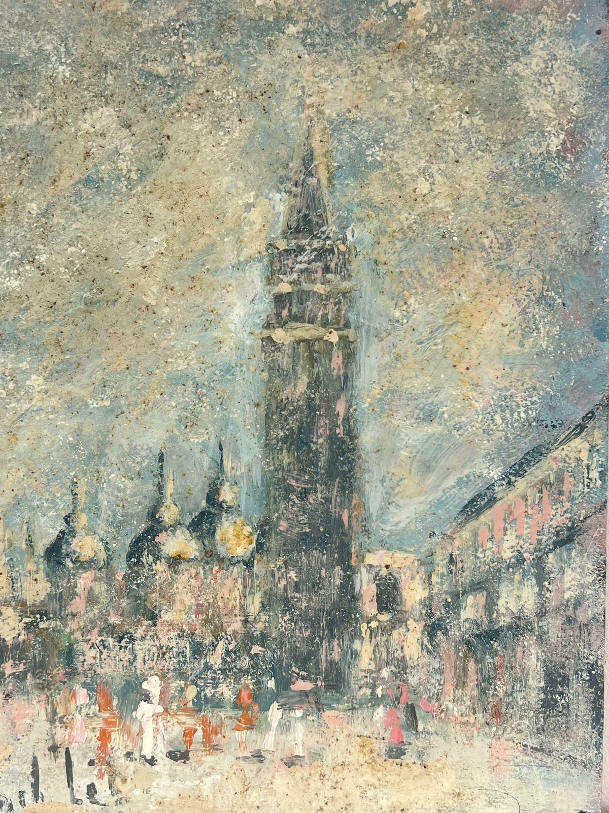 Fanch Lelfigures In Misty Cityscape View Of A Historic Tower And Cathedral Domes Oil 20th Century photo for sale