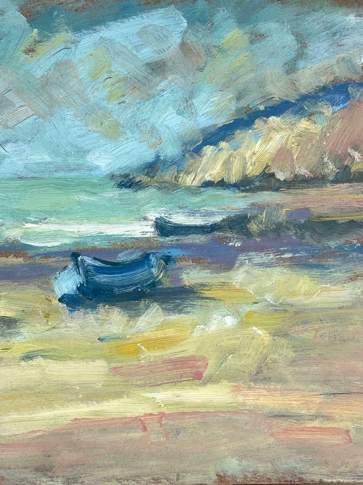 Fanch Lela Lone Figure And Boats By The Gentle Waves Of A Calm Coastline French Oil20th Century photo for sale