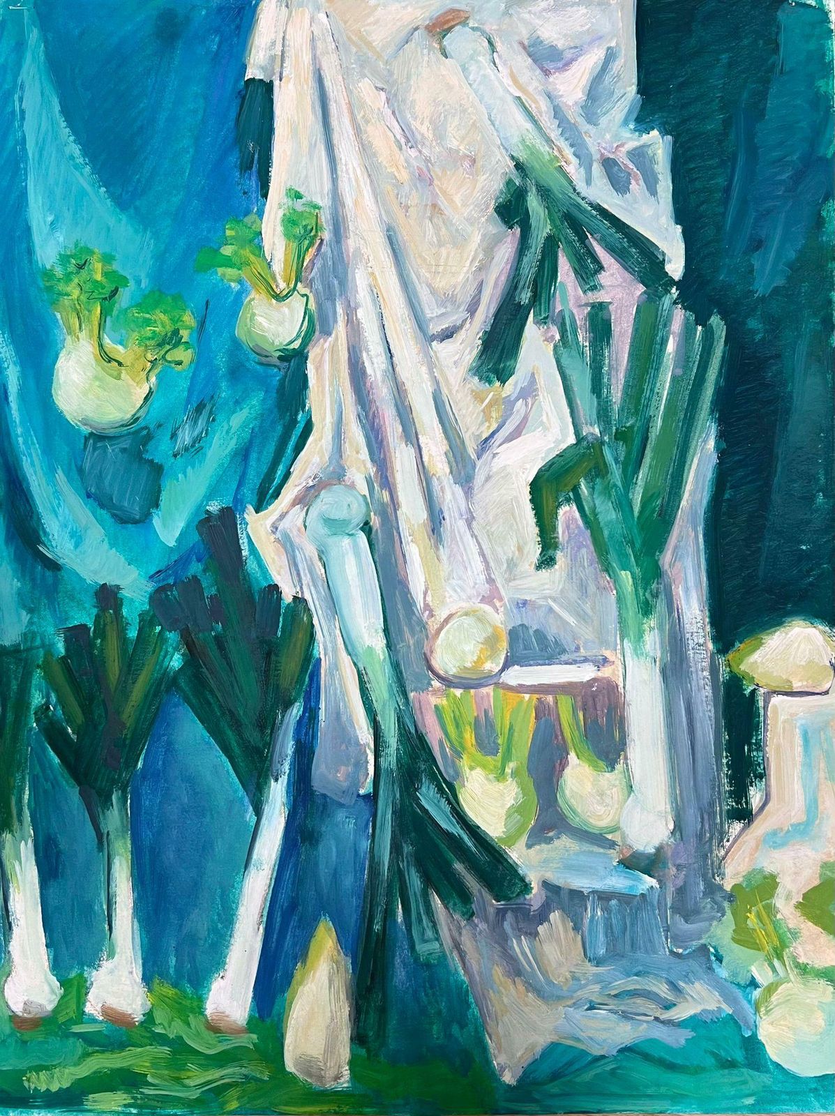 Guy Nicod French 20th Century Modernist Turquoise Still Life Spring Onions And Celeriacs photo Art
