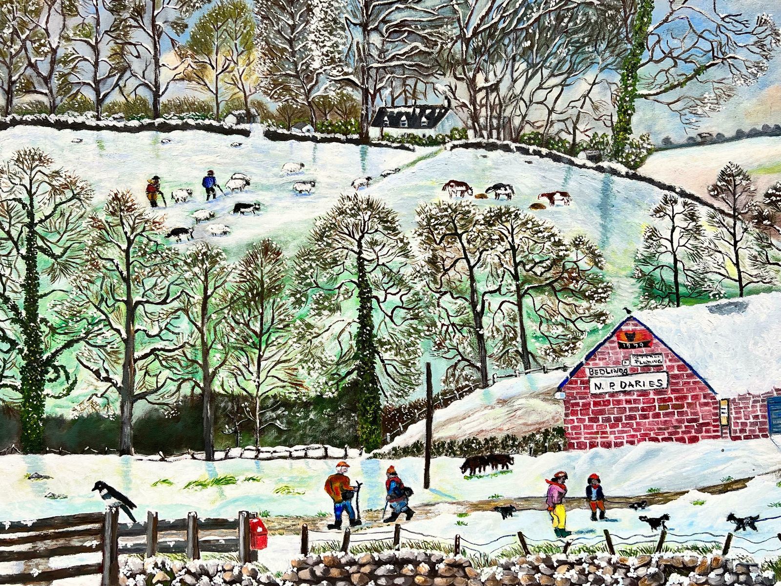 Ben Powellhuge 20th Century British Naive Welsh Oil Painting Village Life In Winter Snow photo for sale