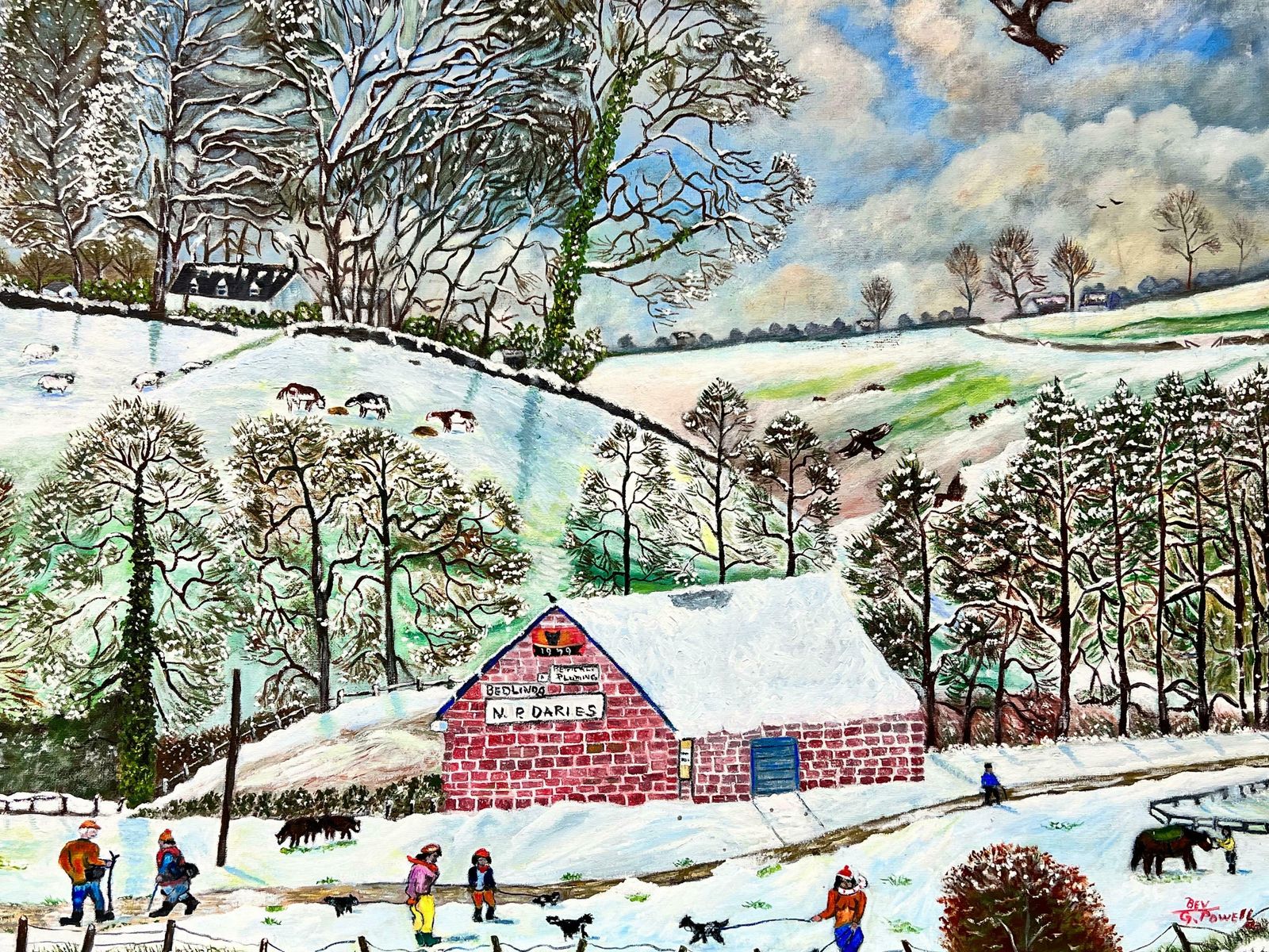 Ben Powellhuge 20th Century British Naive Welsh Oil Painting Village Life In Winter Snow photo 1150.0