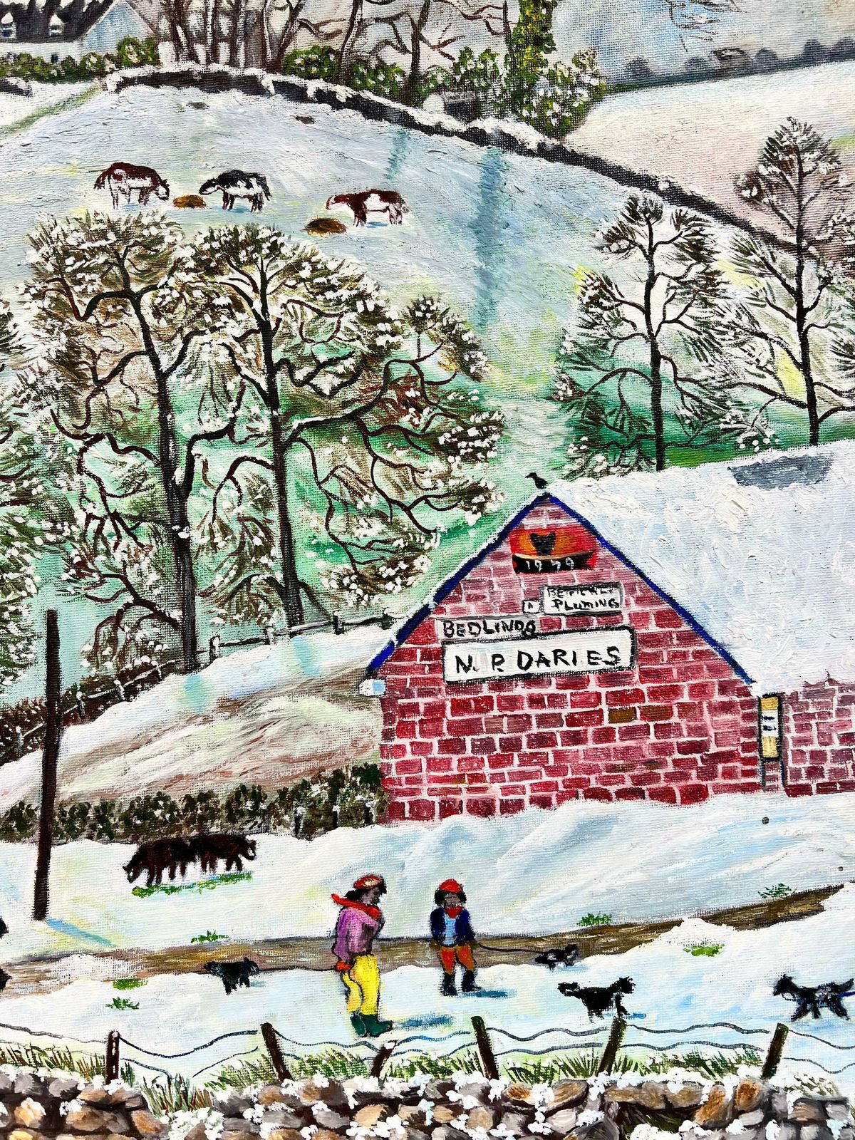 Ben Powellhuge 20th Century British Naive Welsh Oil Painting Village Life In Winter Snow photo buy