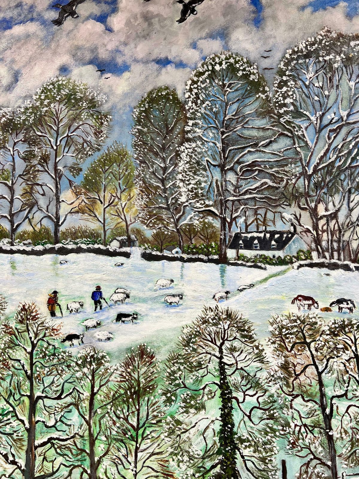 Ben Powellhuge 20th Century British Naive Welsh Oil Painting Village Life In Winter Snow photo vintage