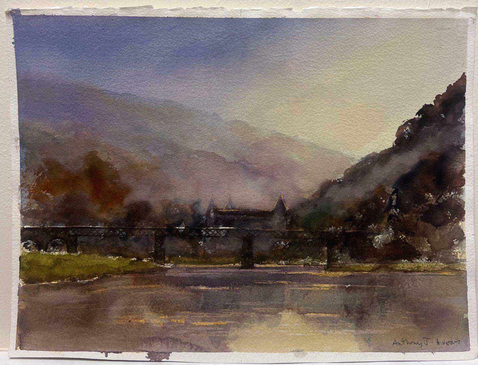 Anthony Averybritish Original Impressionist Watercolor Atmospheric River Landscape Old Bridge photo furniture