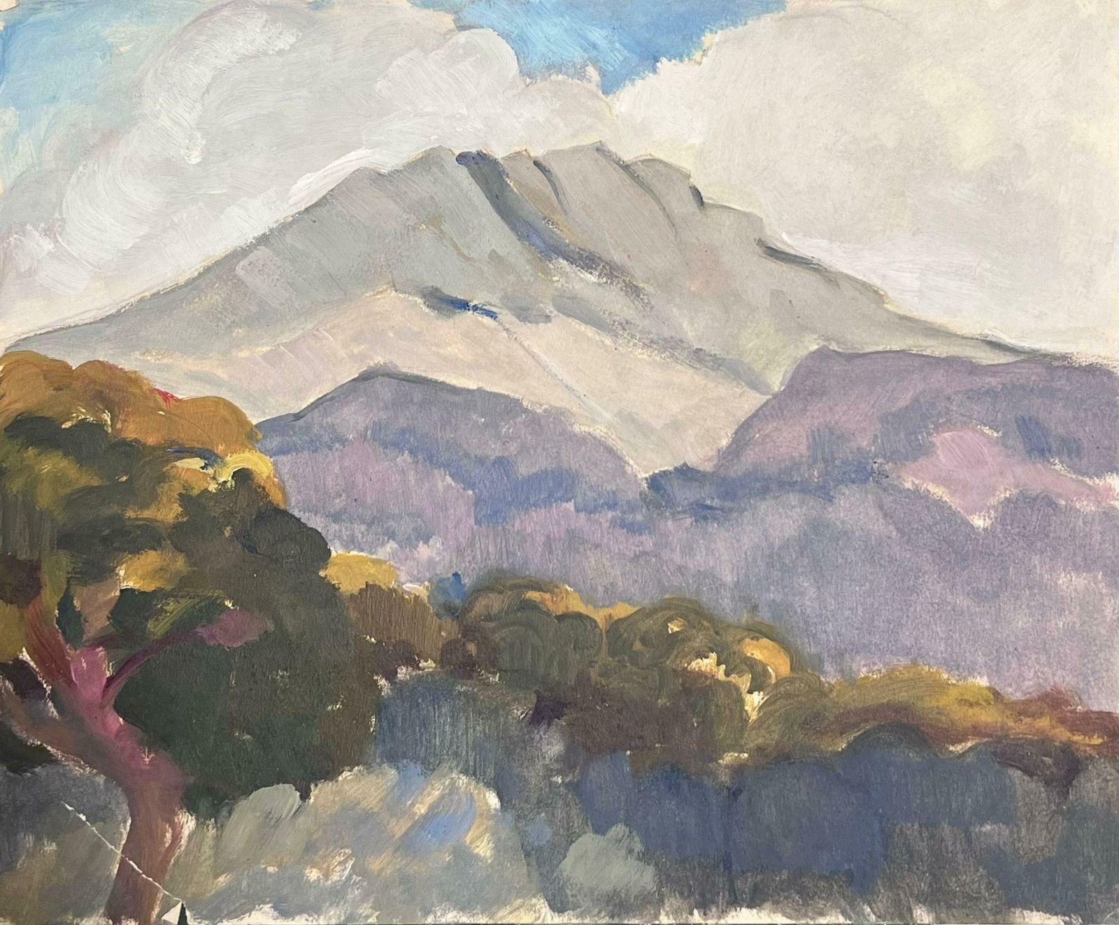Louise Alix1930's French Impressionist Grey And Purple Mountains In Blue Cloudy Sky1930's