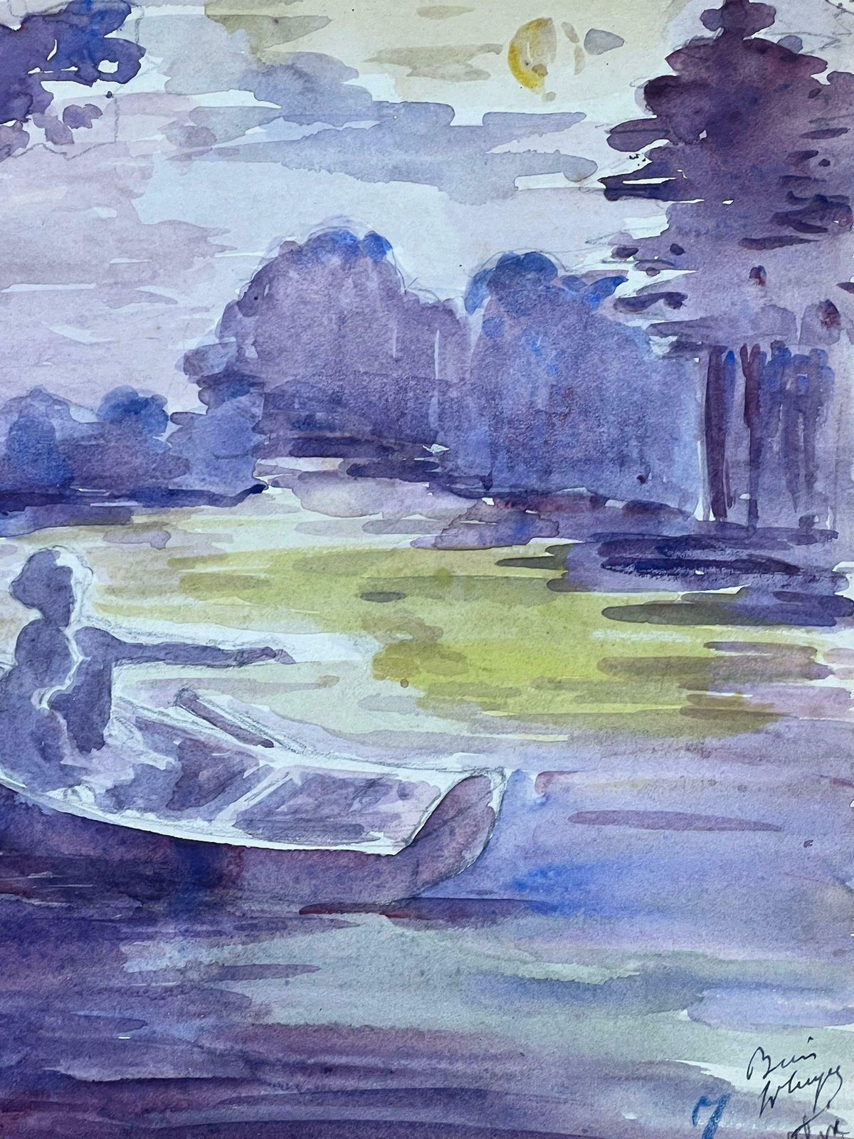 Louise Alixrowing Boat On Sunset Purple Lake Watercolour 1930's photo 350.0