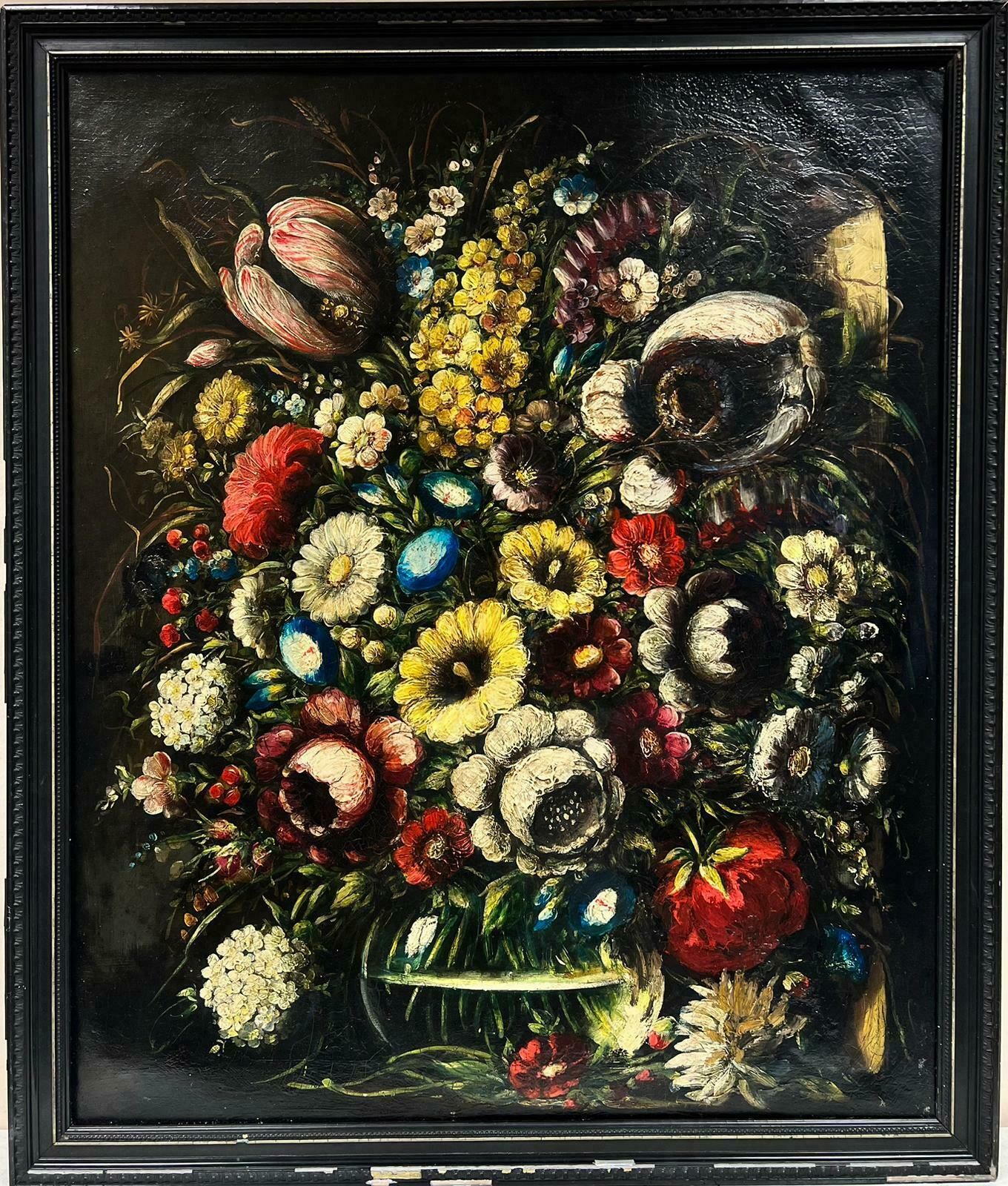 German Schoolclassical Still Life Flowers In Glass Bowl, Old Master Style Oil On Canvas