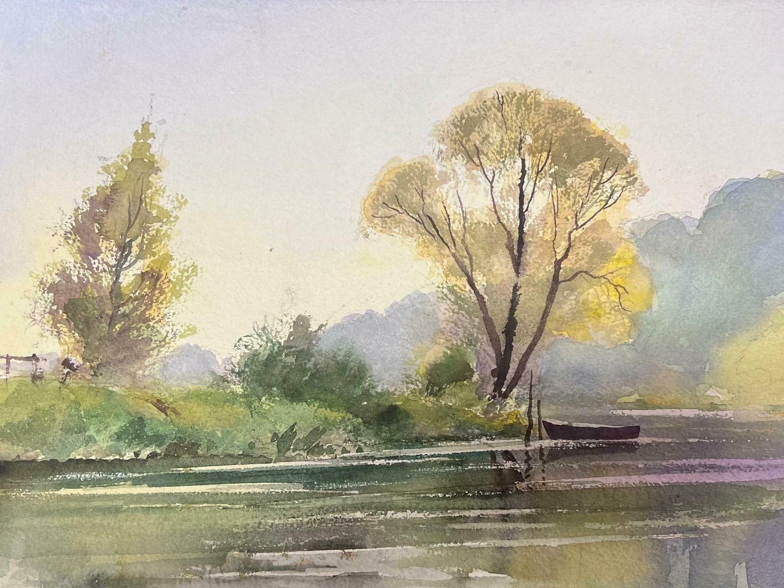 Anthony Averyfine British Original Impressionist Watercolor Rowing Boat In Still Spring Lake