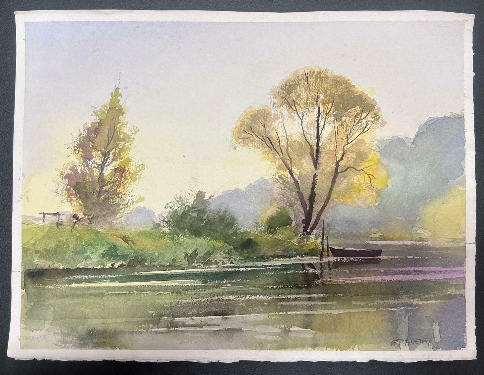 Anthony Averyfine British Original Impressionist Watercolor Rowing Boat In Still Spring Lake photo furniture