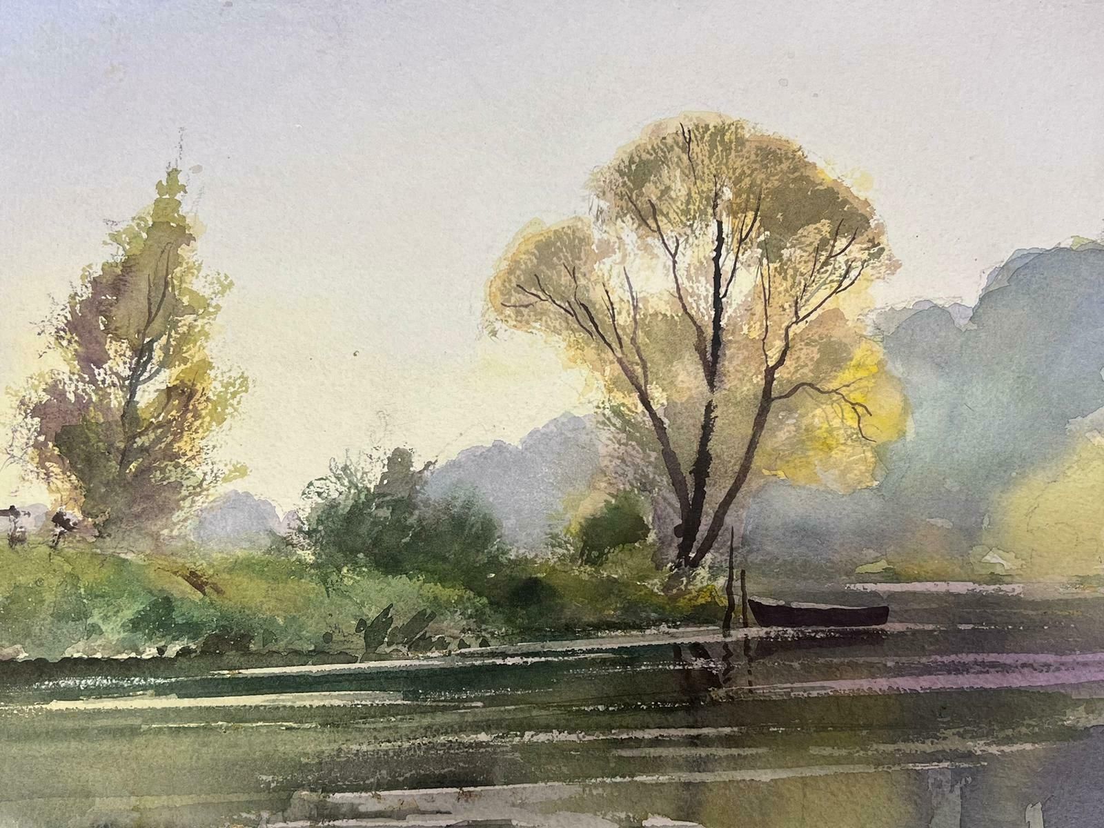 Anthony Averyfine British Original Impressionist Watercolor Rowing Boat In Still Spring Lake photo vinterior