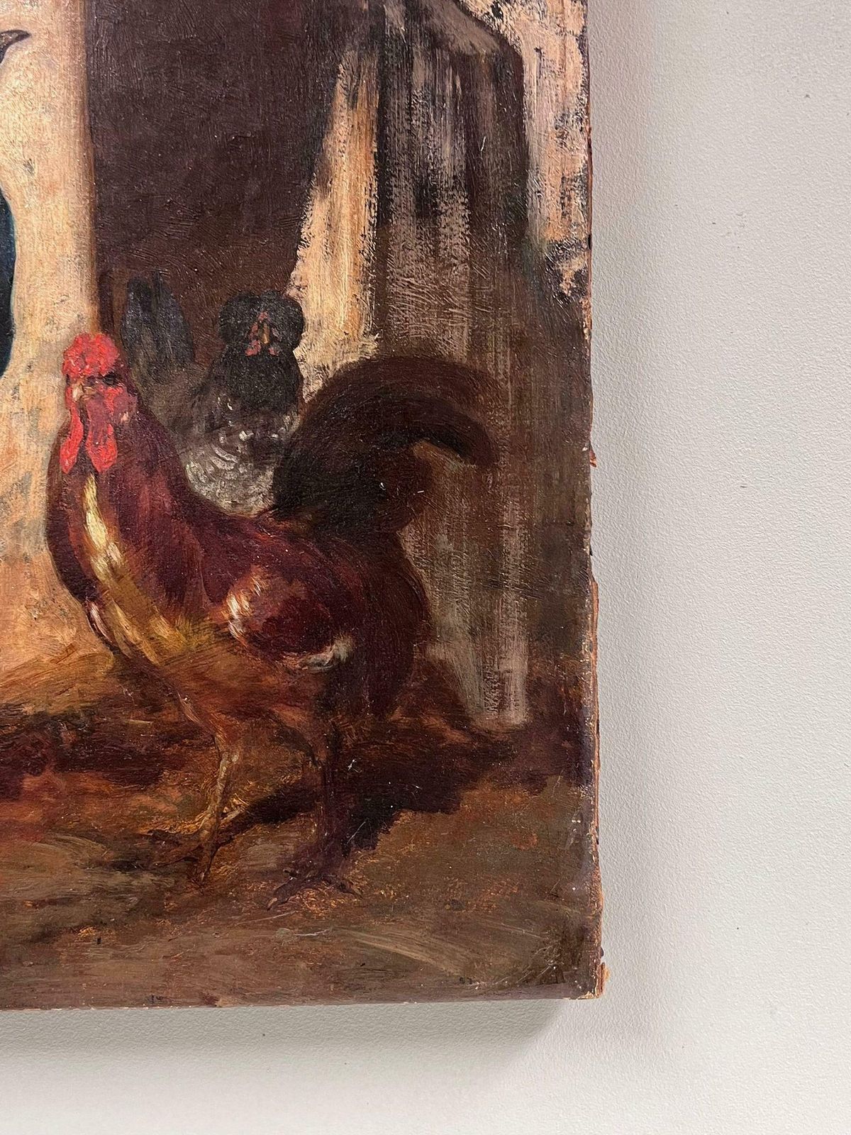 French Schoolfine 19th Century French Oil Painting Peacock & Cockerill Chickens In Yard photo vinterior