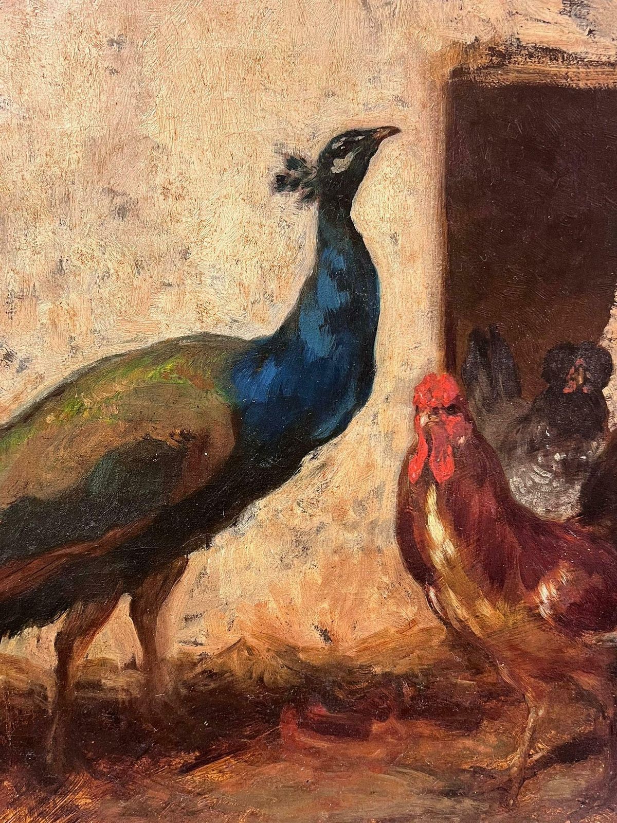 French Schoolfine 19th Century French Oil Painting Peacock & Cockerill Chickens In Yard photo buy