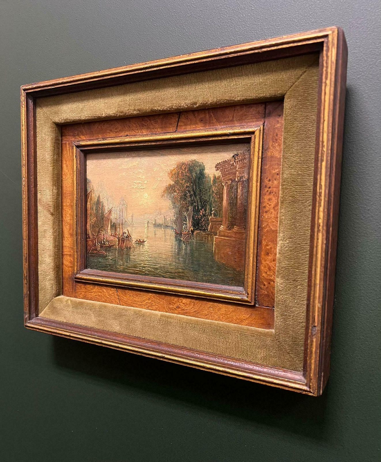 Fine Early 19th Century Classical Italian Oil Capriccio Lake Landscape Old Ruins photo for sale