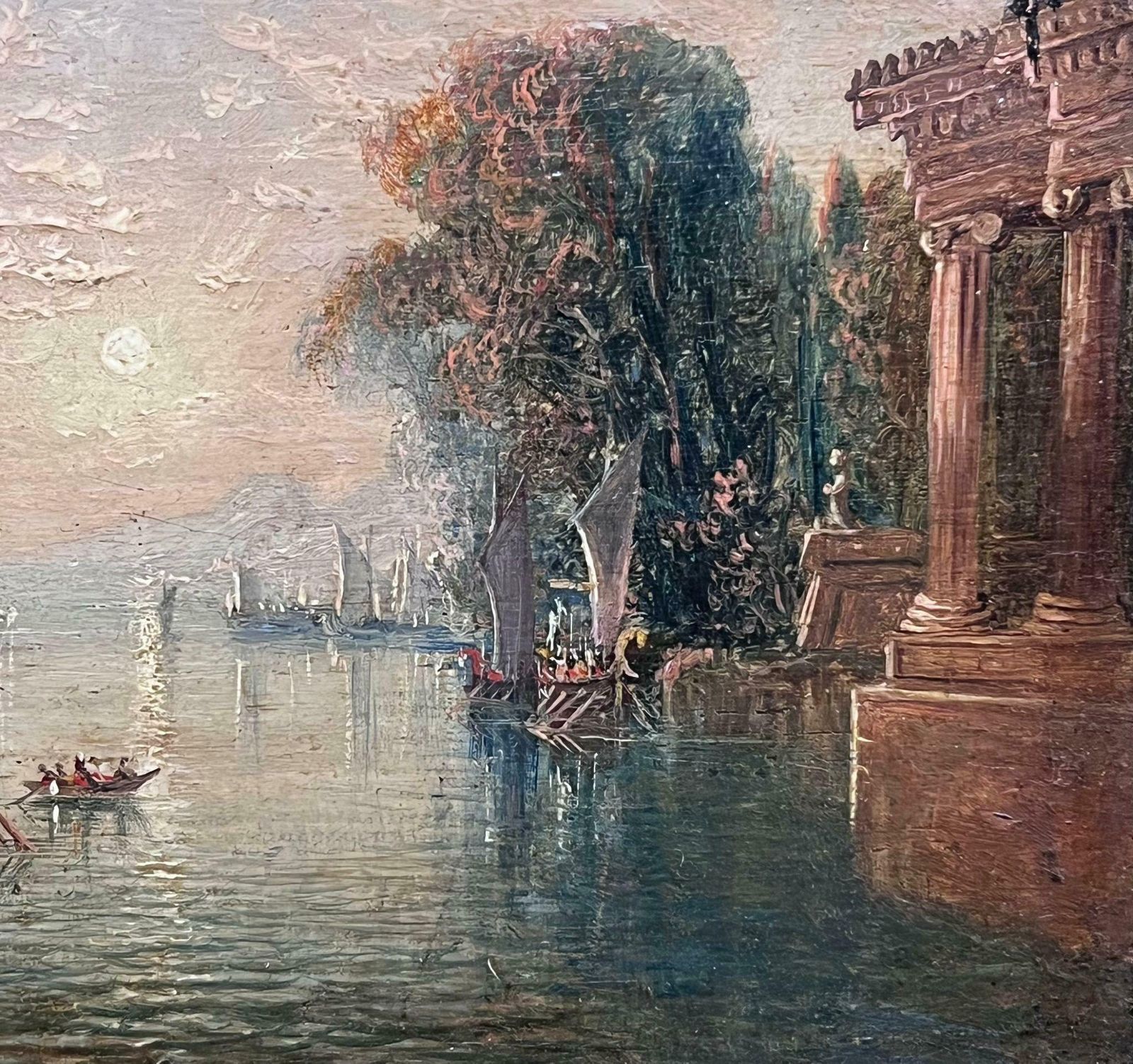 Fine Early 19th Century Classical Italian Oil Capriccio Lake Landscape Old Ruins photo vinterior