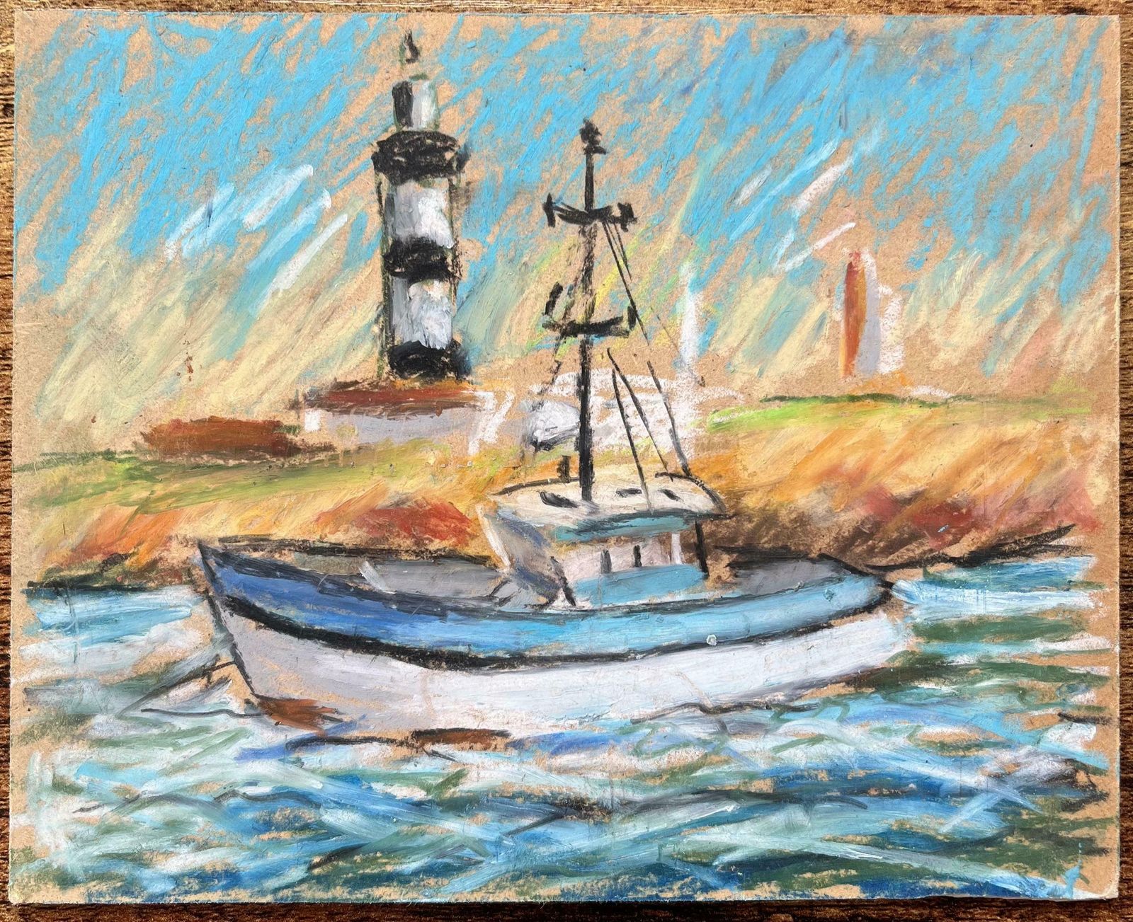 Fanch Lelfrench Coastal Scene With Fishing Boat And Lighthouse In Pastel20th Century photo for sale